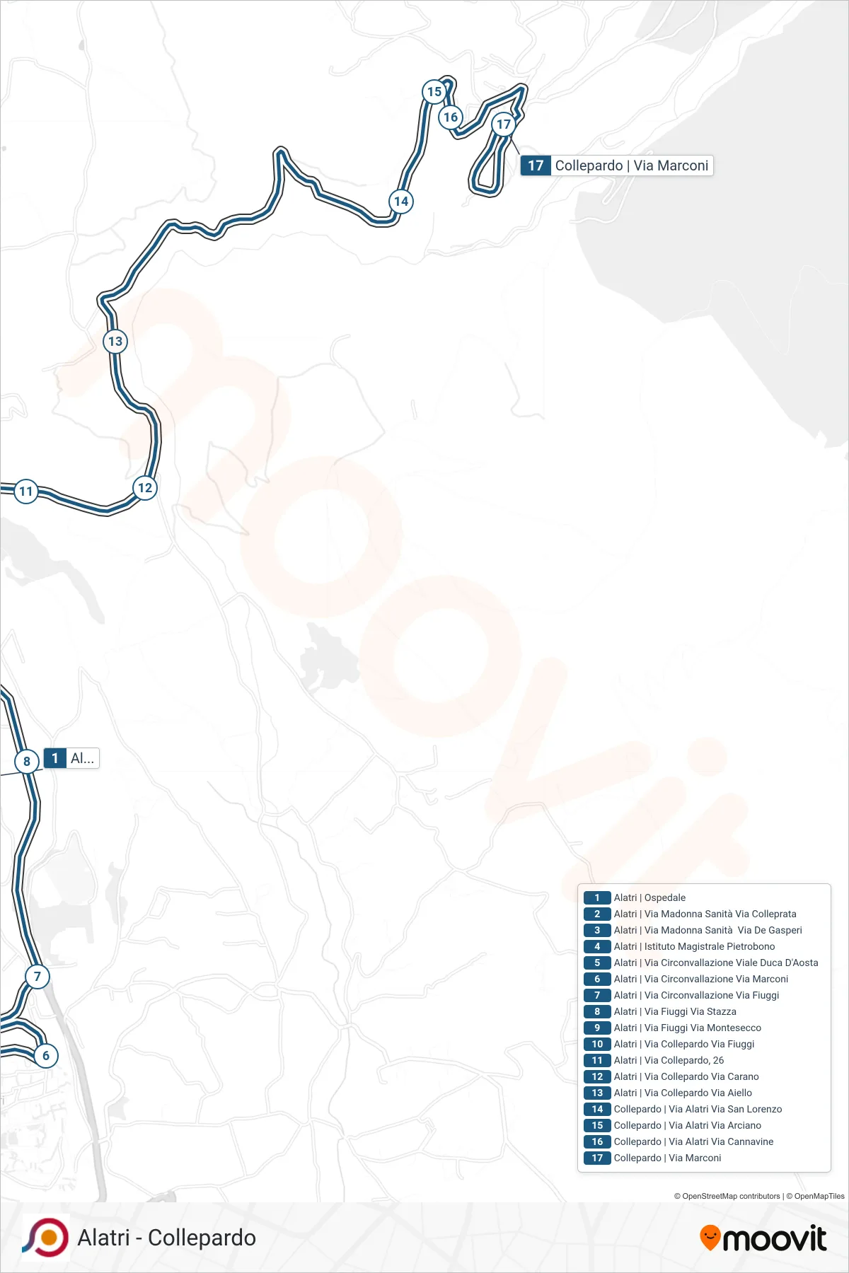 Linea COTRAL bus (Alatri | Ospedale→Collepardo | Via Marconi) - Percorsi e fermate sulla mappa