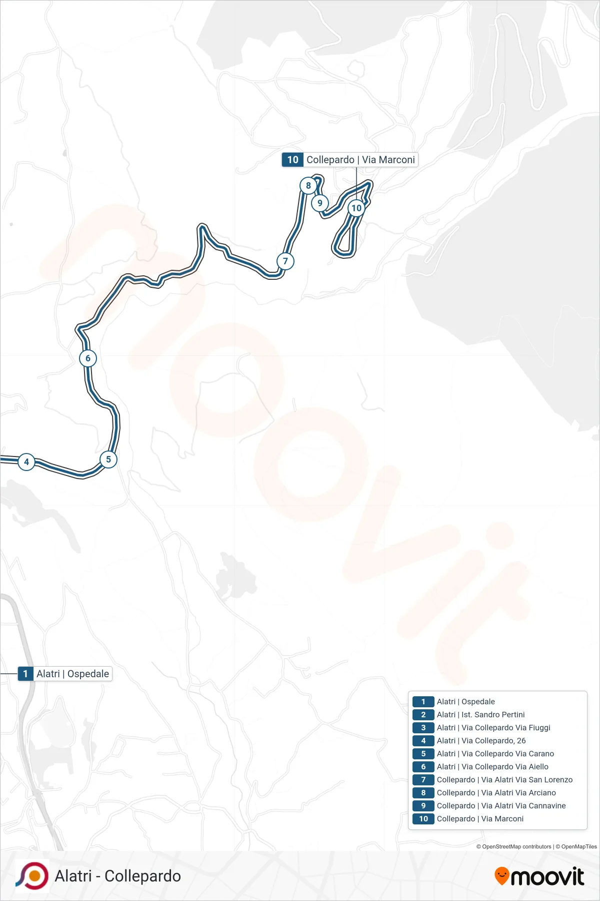 Linea COTRAL bus (Alatri | Ospedale→Collepardo | Via Marconi) - Percorsi e fermate sulla mappa