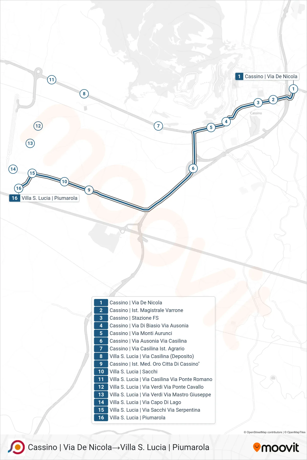 Linea COTRAL bus (Cassino | Via De Nicola→Villa S. Lucia | Piumarola) - Percorsi e fermate sulla mappa