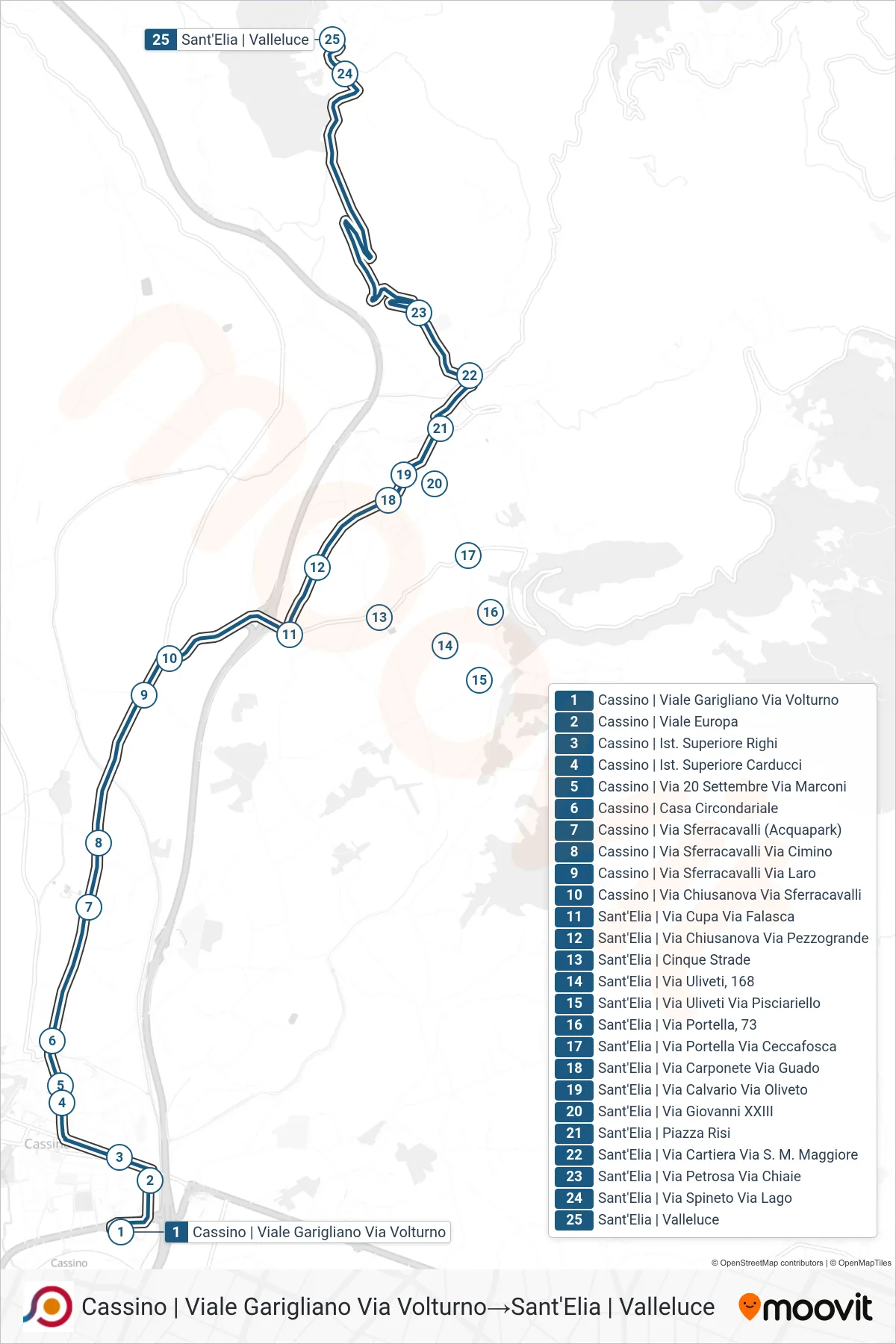 Linea COTRAL bus (Cassino | Viale Garigliano Via Volturno→Sant'Elia | Valleluce) - Percorsi e fermate sulla mappa