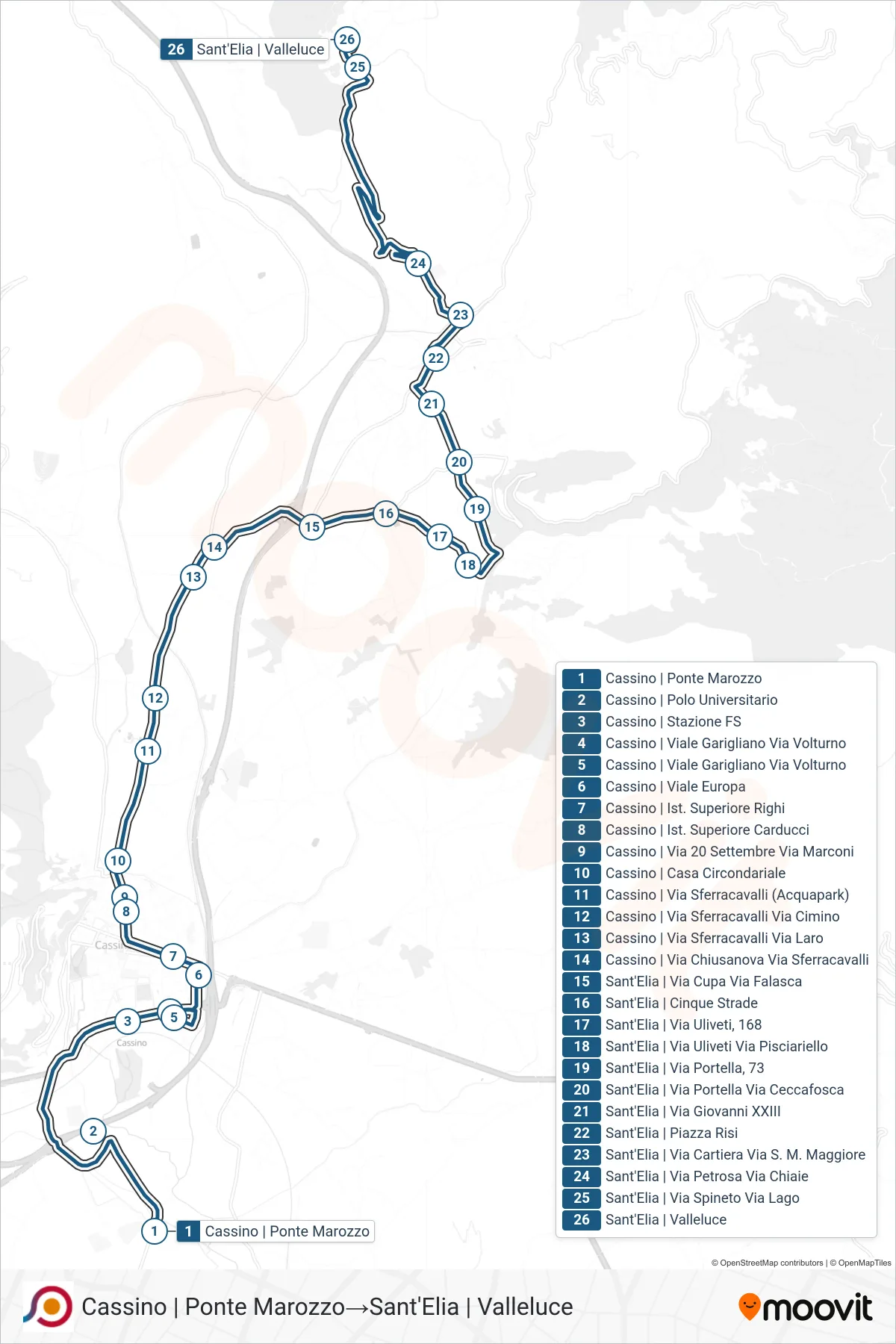 Linea COTRAL bus (Cassino | Ponte Marozzo→Sant'Elia | Valleluce) - Percorsi e fermate sulla mappa
