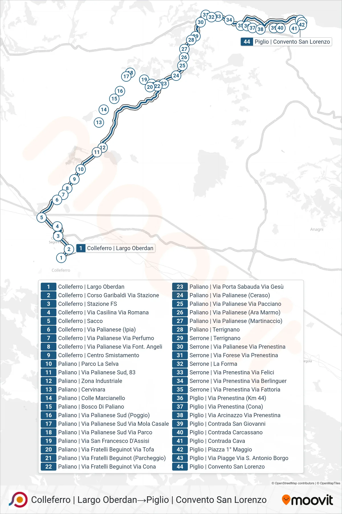 Linea COTRAL bus (Colleferro | Largo Oberdan→Piglio | Convento San Lorenzo) - Percorsi e fermate sulla mappa