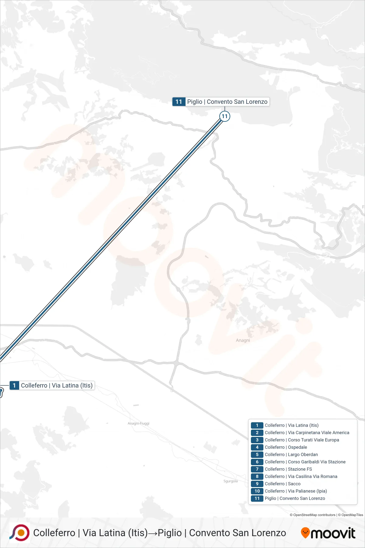 Linea COTRAL bus (Colleferro | Via Latina (Itis)→Piglio | Convento San Lorenzo) - Percorsi e fermate sulla mappa