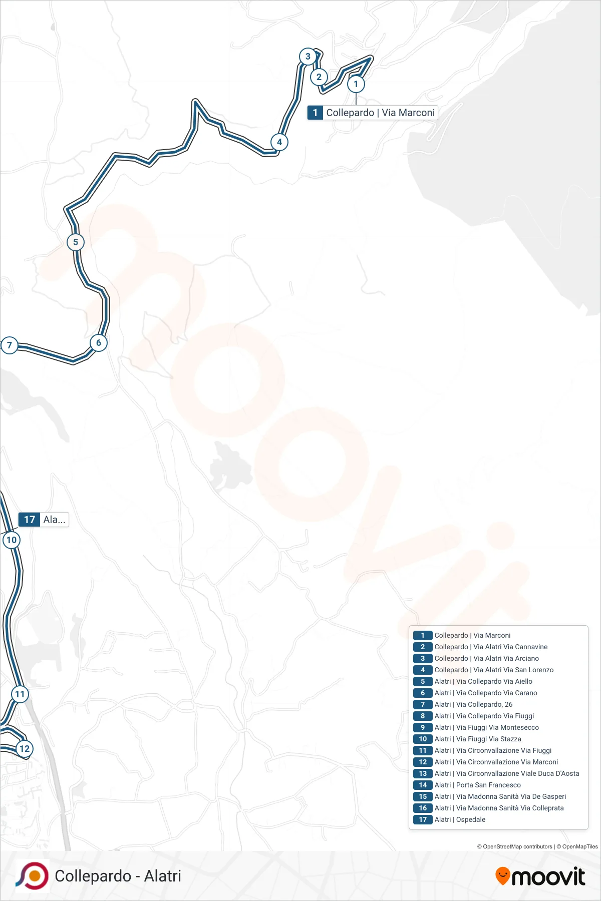 Linea COTRAL bus (Collepardo | Via Marconi→Alatri | Ospedale) - Percorsi e fermate sulla mappa