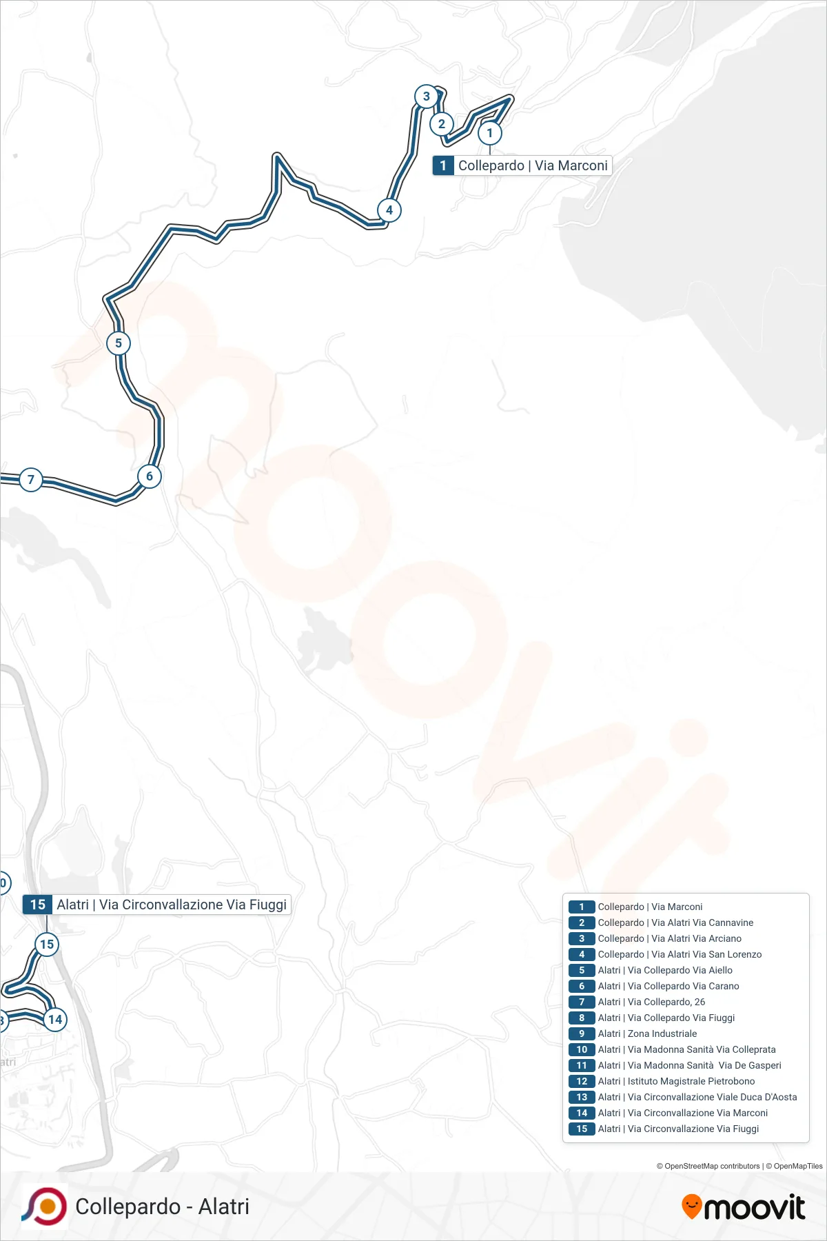 Linea COTRAL bus (Collepardo | Via Marconi→Alatri | Via Circonvallazione Via Fiuggi) - Percorsi e fermate sulla mappa