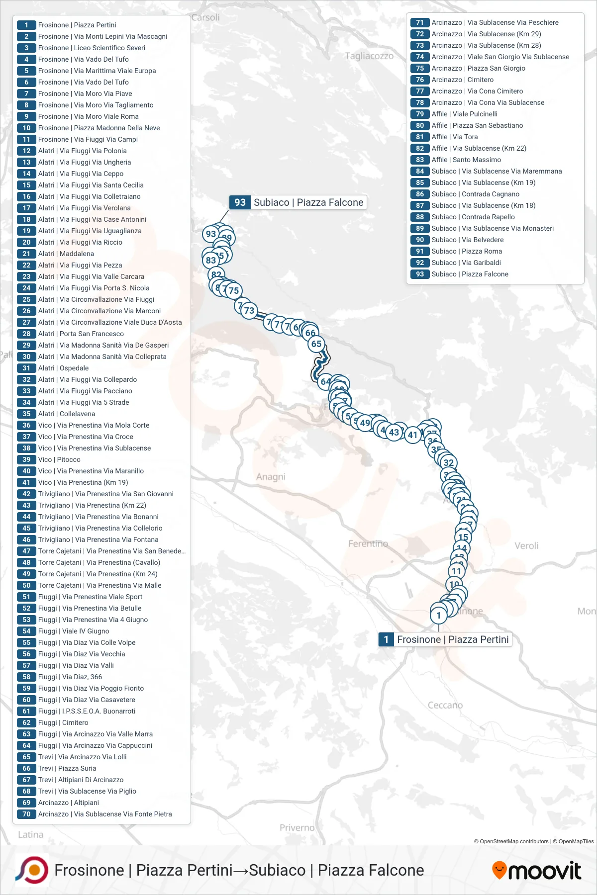 Linea COTRAL bus (Frosinone | Piazza Pertini→Subiaco | Piazza Falcone) - Percorsi e fermate sulla mappa