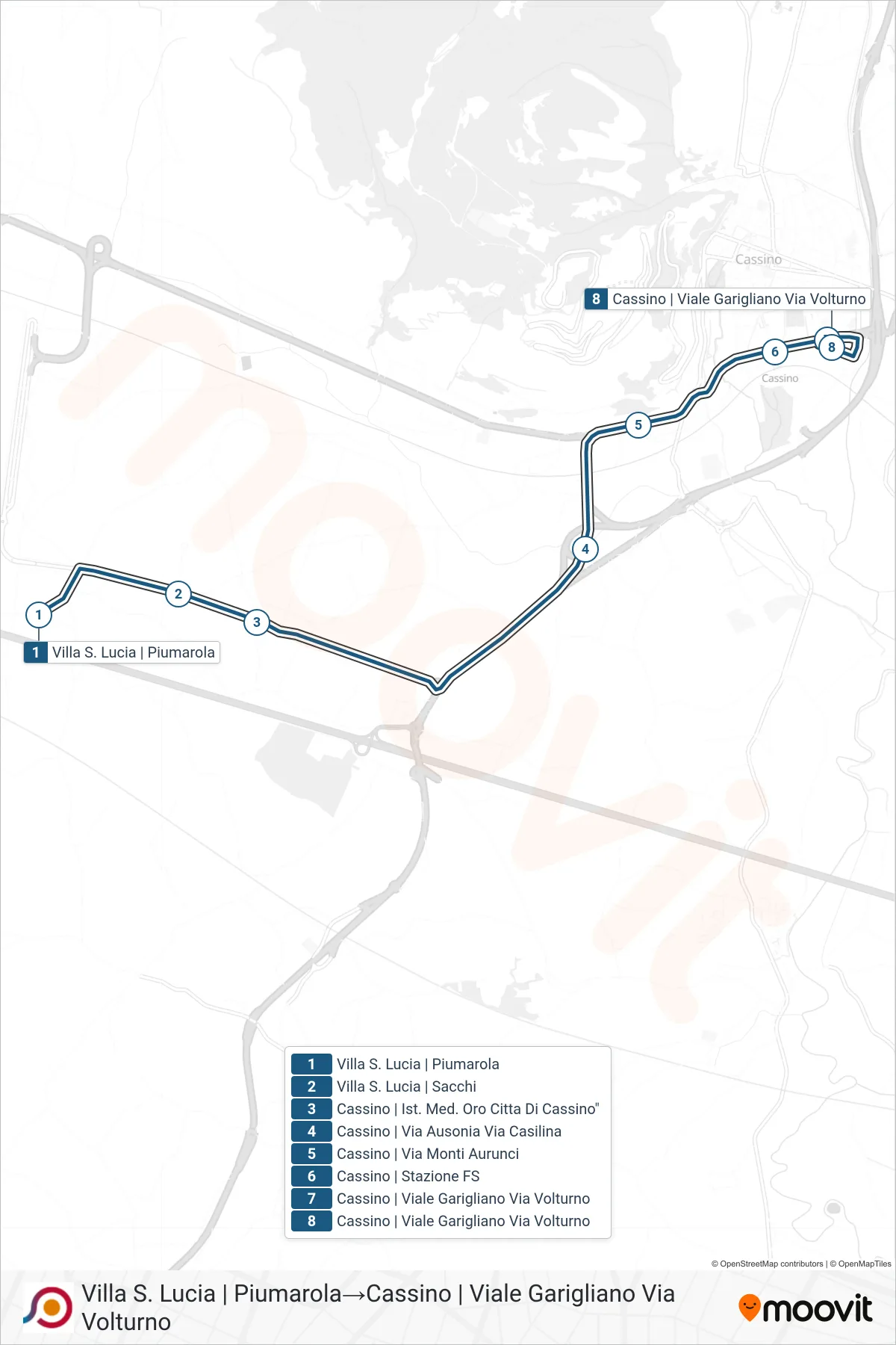 Linea COTRAL bus (Villa S. Lucia | Piumarola→Cassino | Viale Garigliano Via Volturno) - Percorsi e fermate sulla mappa