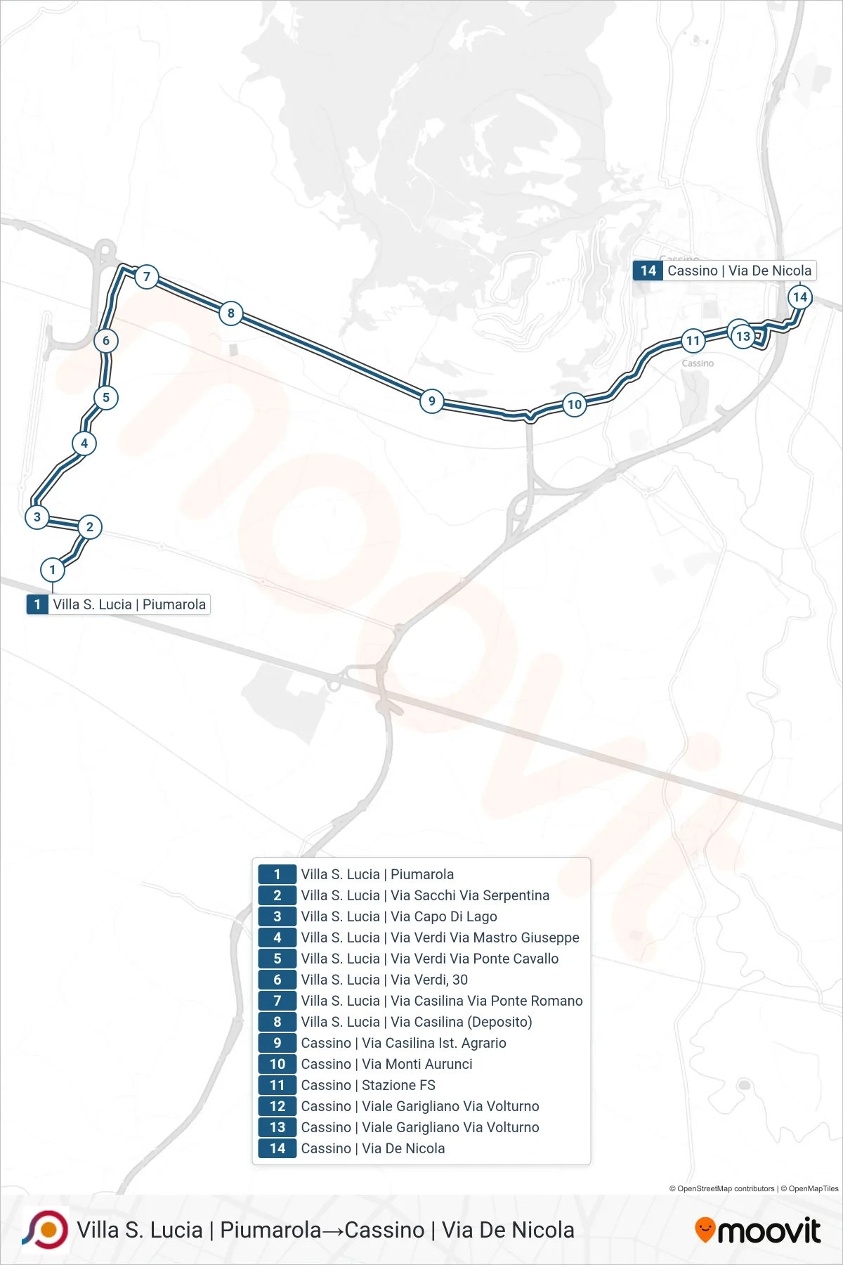 Linea COTRAL bus (Villa S. Lucia | Piumarola→Cassino | Via De Nicola) - Percorsi e fermate sulla mappa