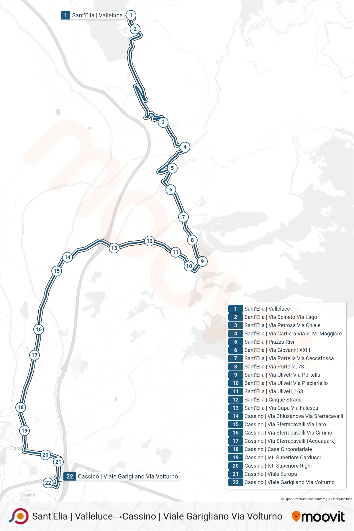 Linea COTRAL bus (Sant'Elia | Valleluce→Cassino | Viale Garigliano Via Volturno) - Percorsi e fermate sulla mappa