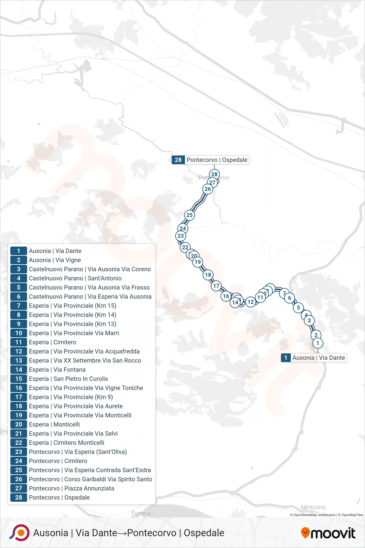 Linea COTRAL  bus (Ausonia | Via Dante‎→Pontecorvo | Ospedale) - Percorsi e fermate sulla mappa