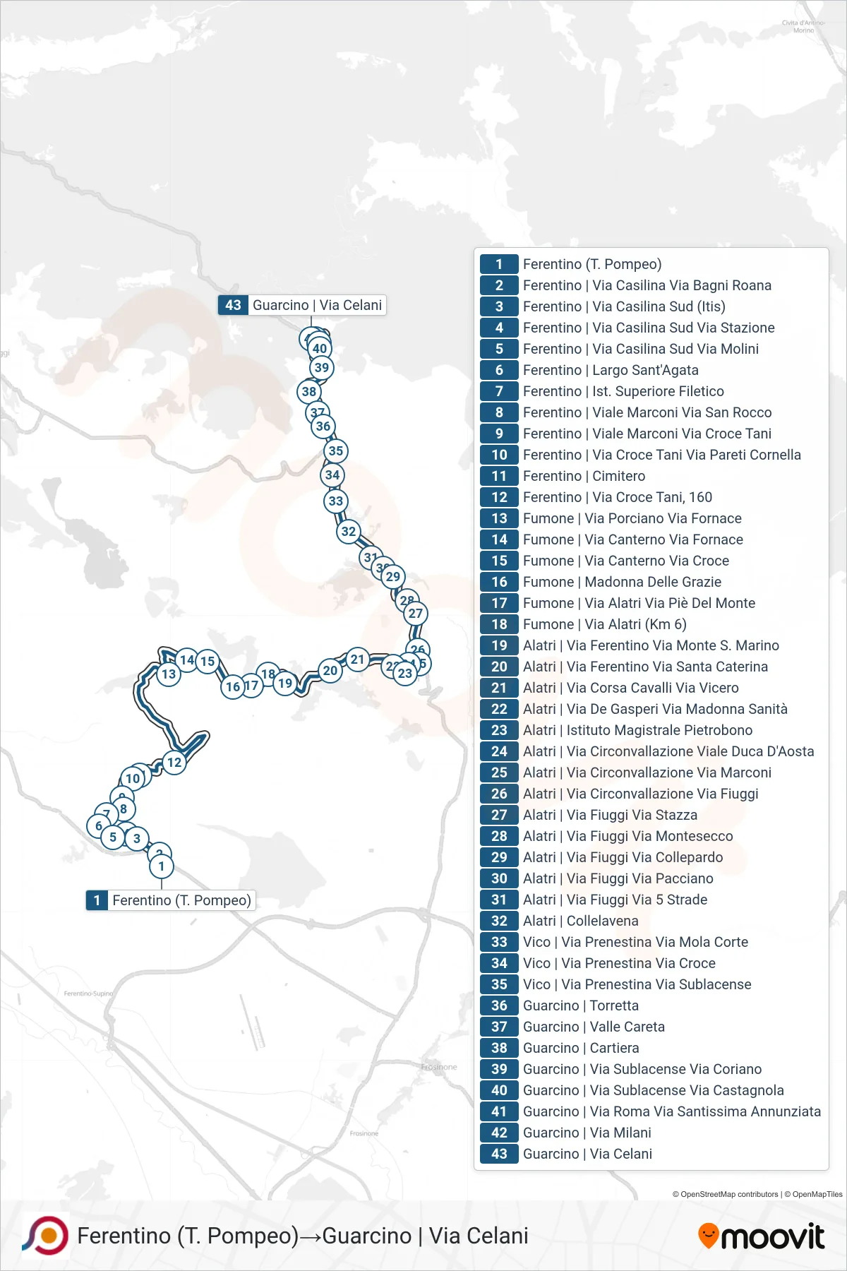 Linea COTRAL bus (Ferentino (T. Pompeo)→Guarcino | Via Celani) - Percorsi e fermate sulla mappa