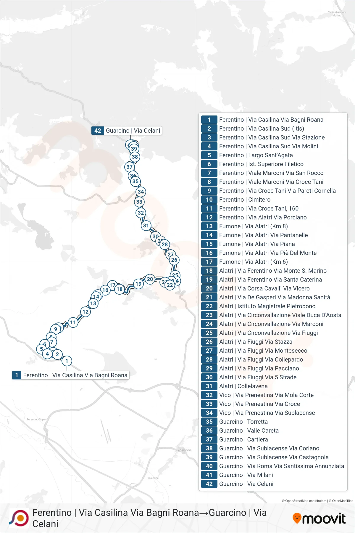 Linea COTRAL bus (Ferentino | Via Casilina Via Bagni Roana→Guarcino | Via Celani) - Percorsi e fermate sulla mappa