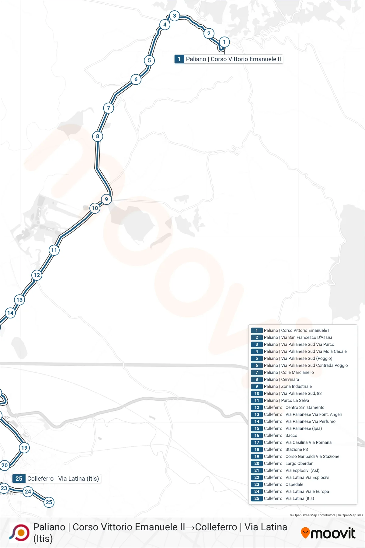 Linea COTRAL bus (Paliano | Corso Vittorio Emanuele II→Colleferro | Via Latina (Itis)) - Percorsi e fermate sulla mappa