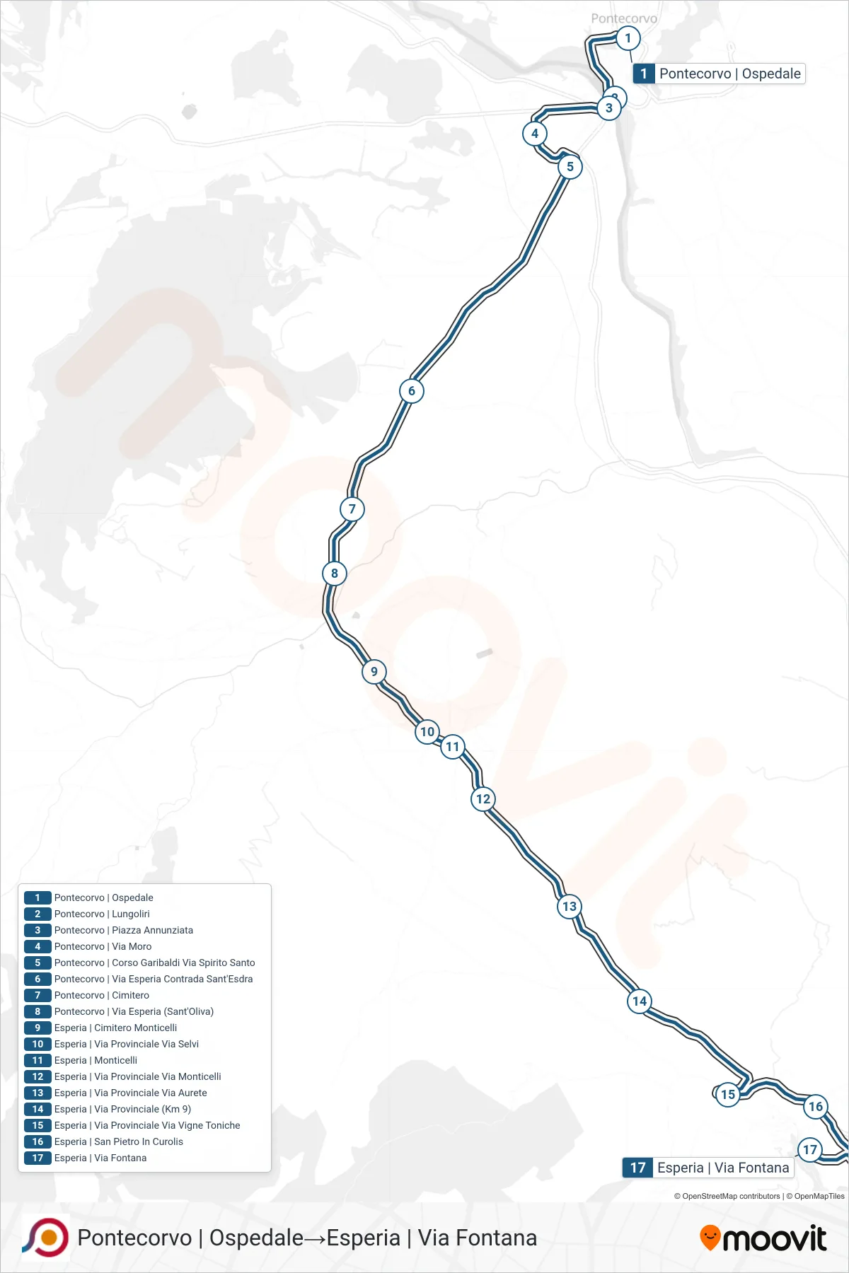 Linea COTRAL bus (Pontecorvo | Ospedale→Esperia | Via Fontana) - Percorsi e fermate sulla mappa