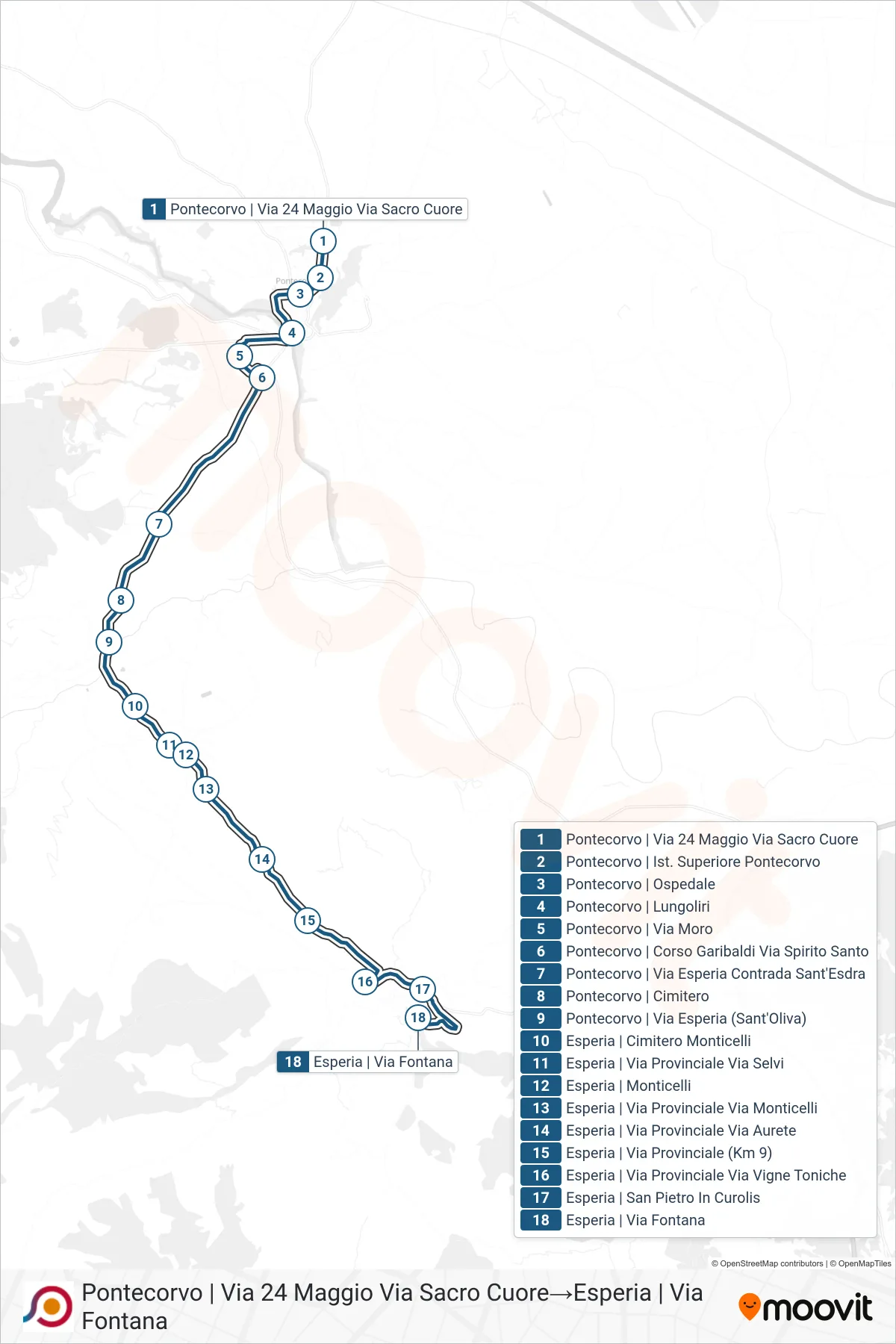 Linea COTRAL bus (Pontecorvo | Via 24 Maggio Via Sacro Cuore→Esperia | Via Fontana) - Percorsi e fermate sulla mappa