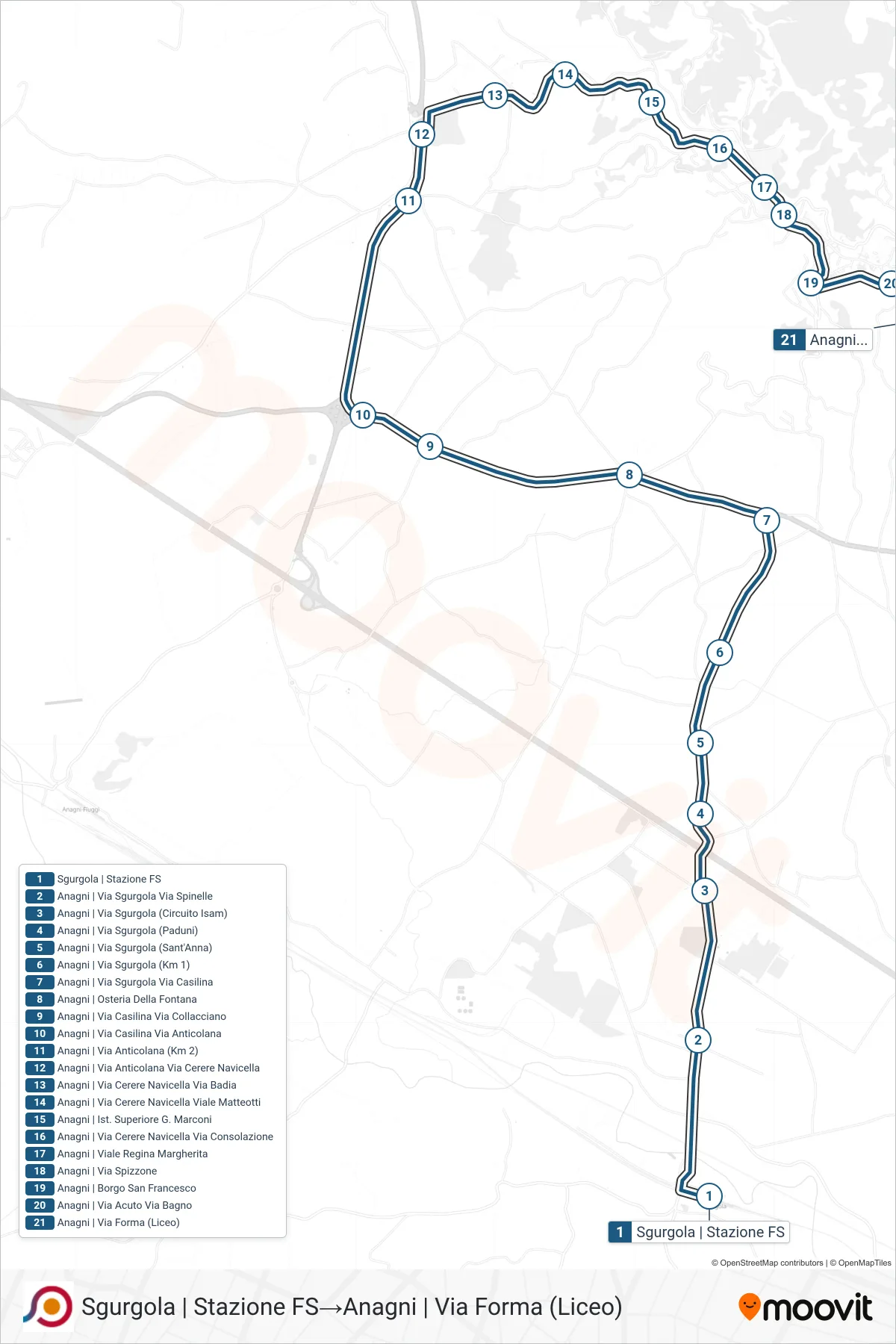 Linea COTRAL bus (Sgurgola | Stazione FS→Anagni | Via Forma (Liceo)) - Percorsi e fermate sulla mappa