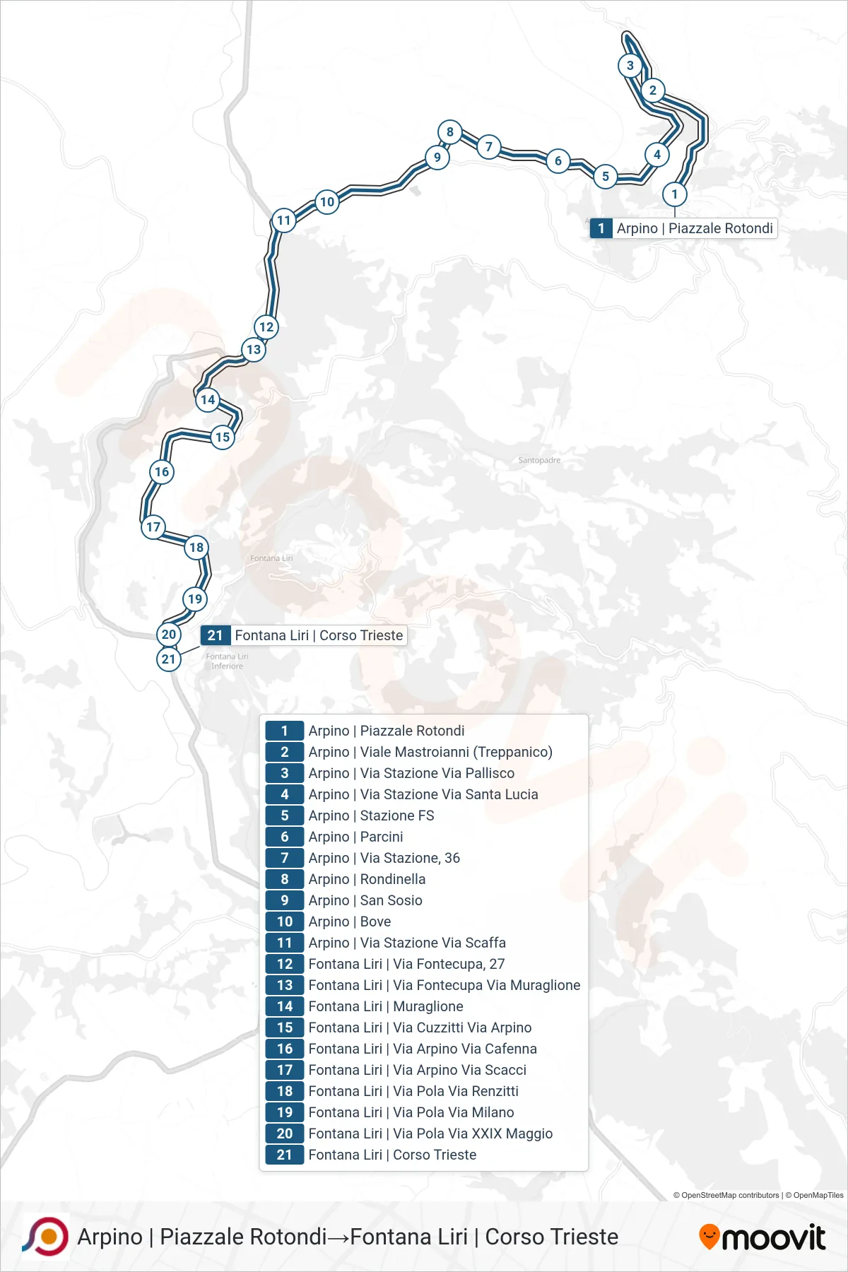 Linea COTRAL bus (Arpino | Piazzale Rotondi→Fontana Liri | Corso Trieste) - Percorsi e fermate sulla mappa