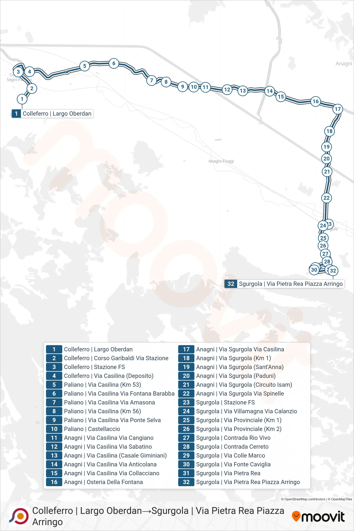 Linea COTRAL bus (Colleferro | Largo Oberdan→Sgurgola | Via Pietra Rea Piazza Arringo) - Percorsi e fermate sulla mappa