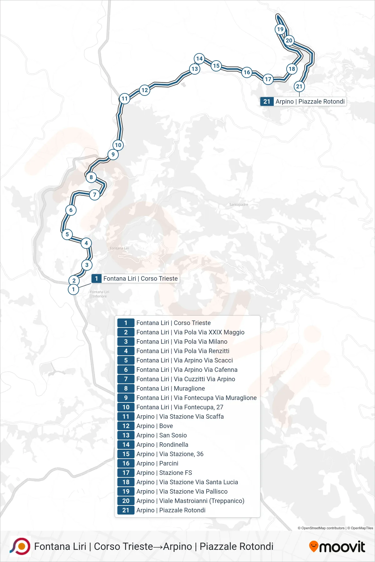 Linea COTRAL bus (Fontana Liri | Corso Trieste→Arpino | Piazzale Rotondi) - Percorsi e fermate sulla mappa