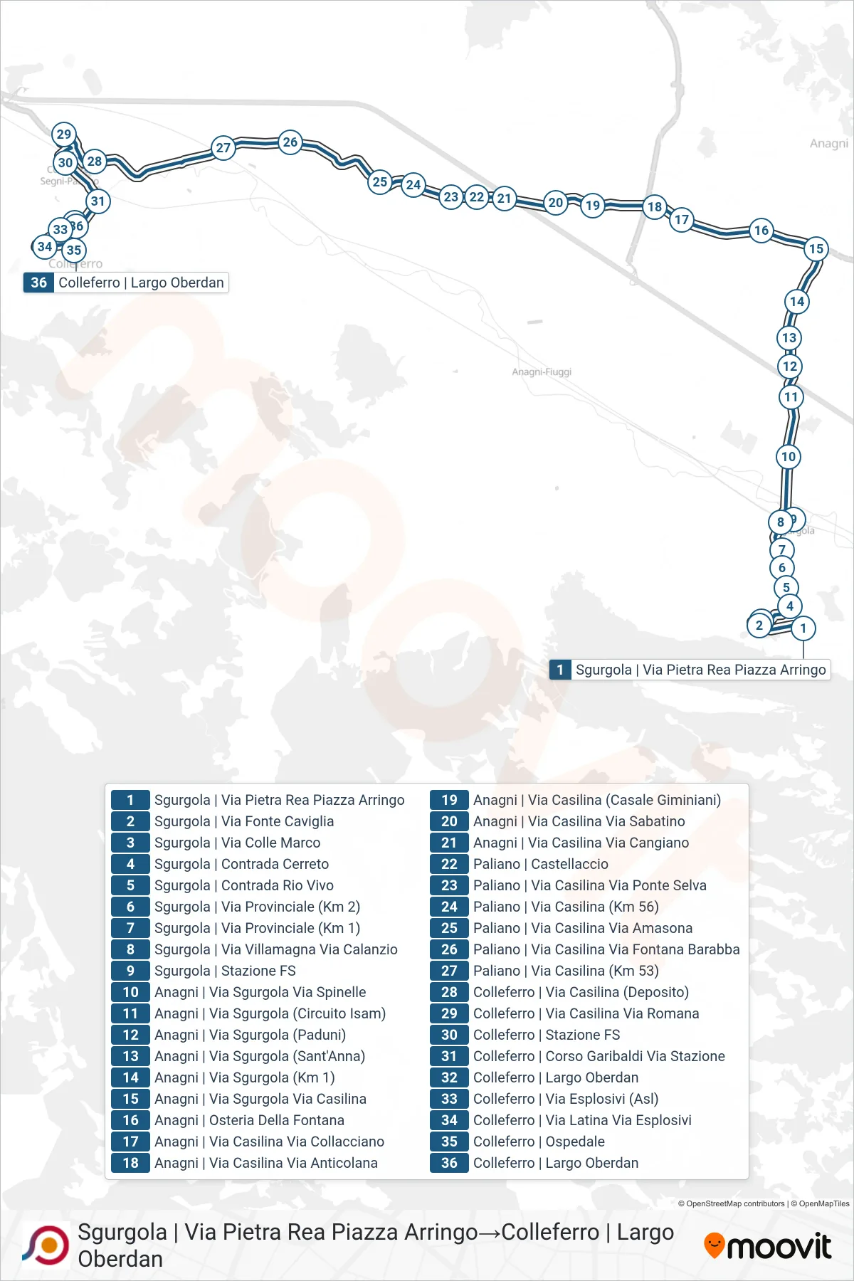 Linea COTRAL bus (Sgurgola | Via Pietra Rea Piazza Arringo→Colleferro | Largo Oberdan) - Percorsi e fermate sulla mappa