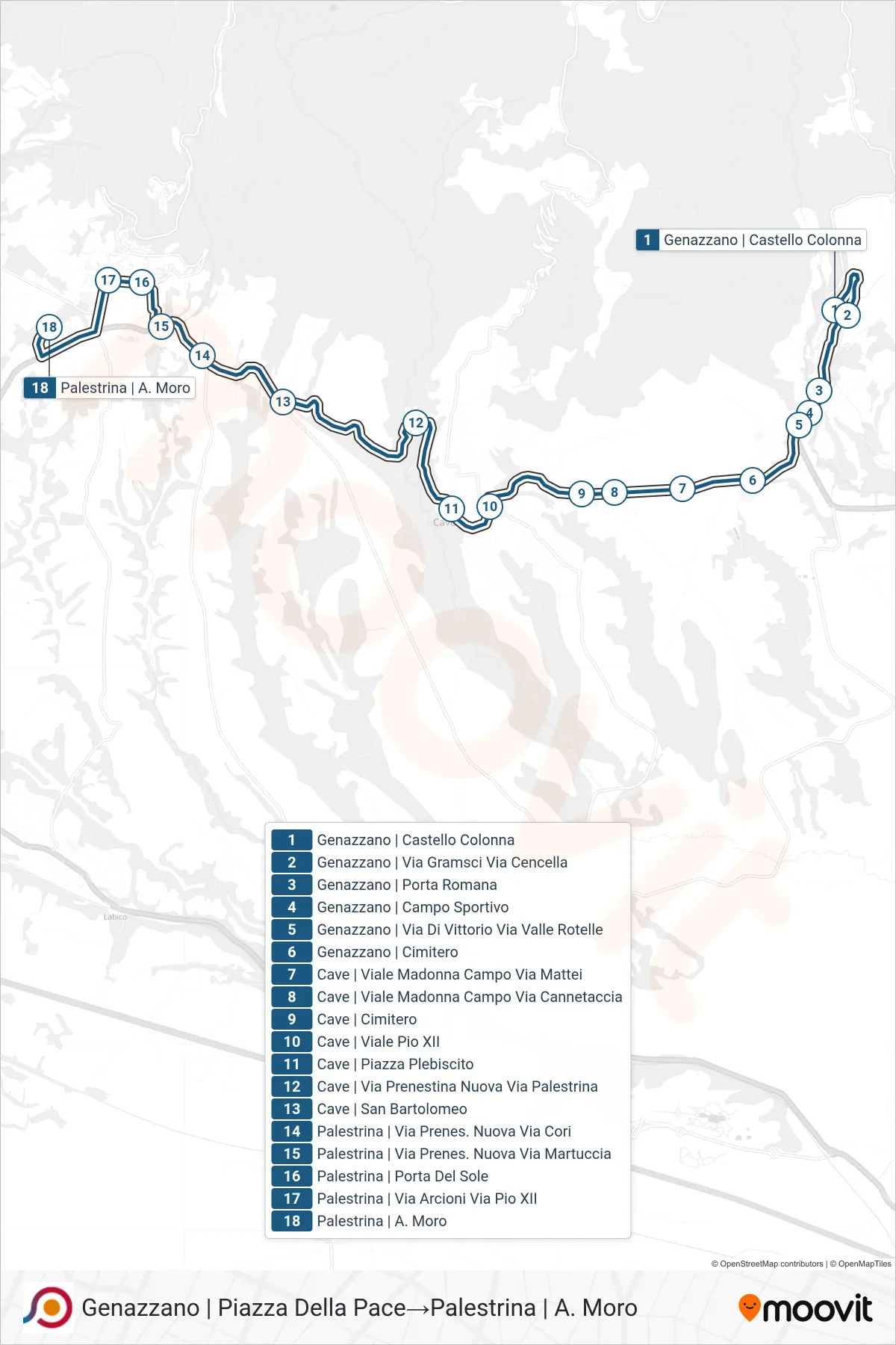 Linea COTRAL bus (Genazzano | Piazza Della Pace→Palestrina | A. Moro) - Percorsi e fermate sulla mappa