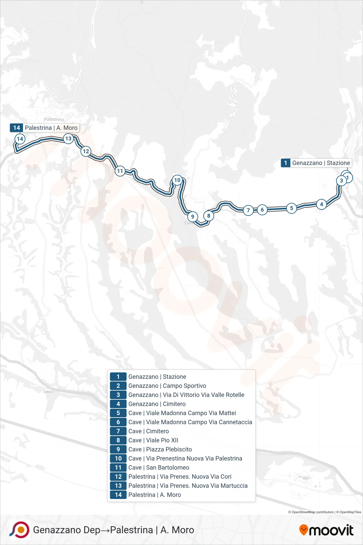 Linea COTRAL bus (Genazzano Dep→Palestrina | A. Moro) - Percorsi e fermate sulla mappa