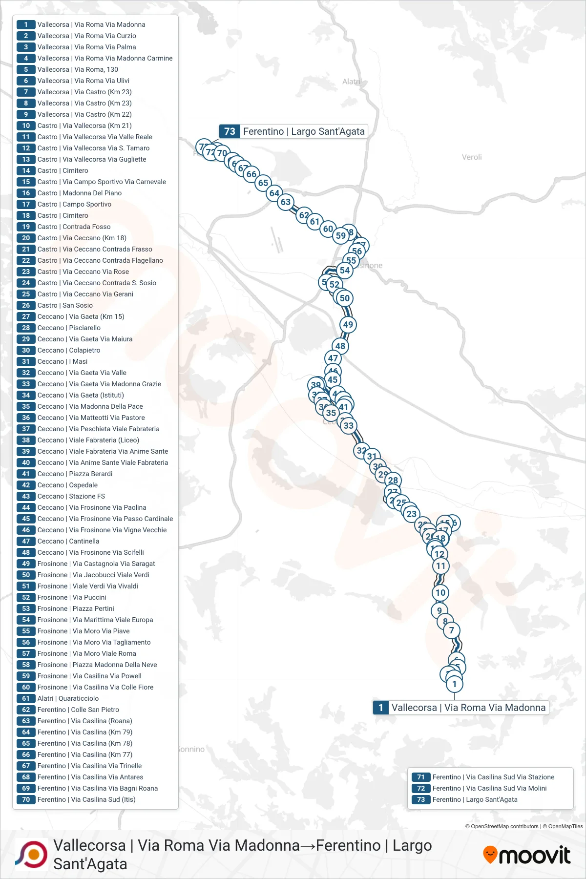 Linea COTRAL bus (Vallecorsa | Via Roma Via Madonna→Ferentino | Largo Sant'Agata) - Percorsi e fermate sulla mappa