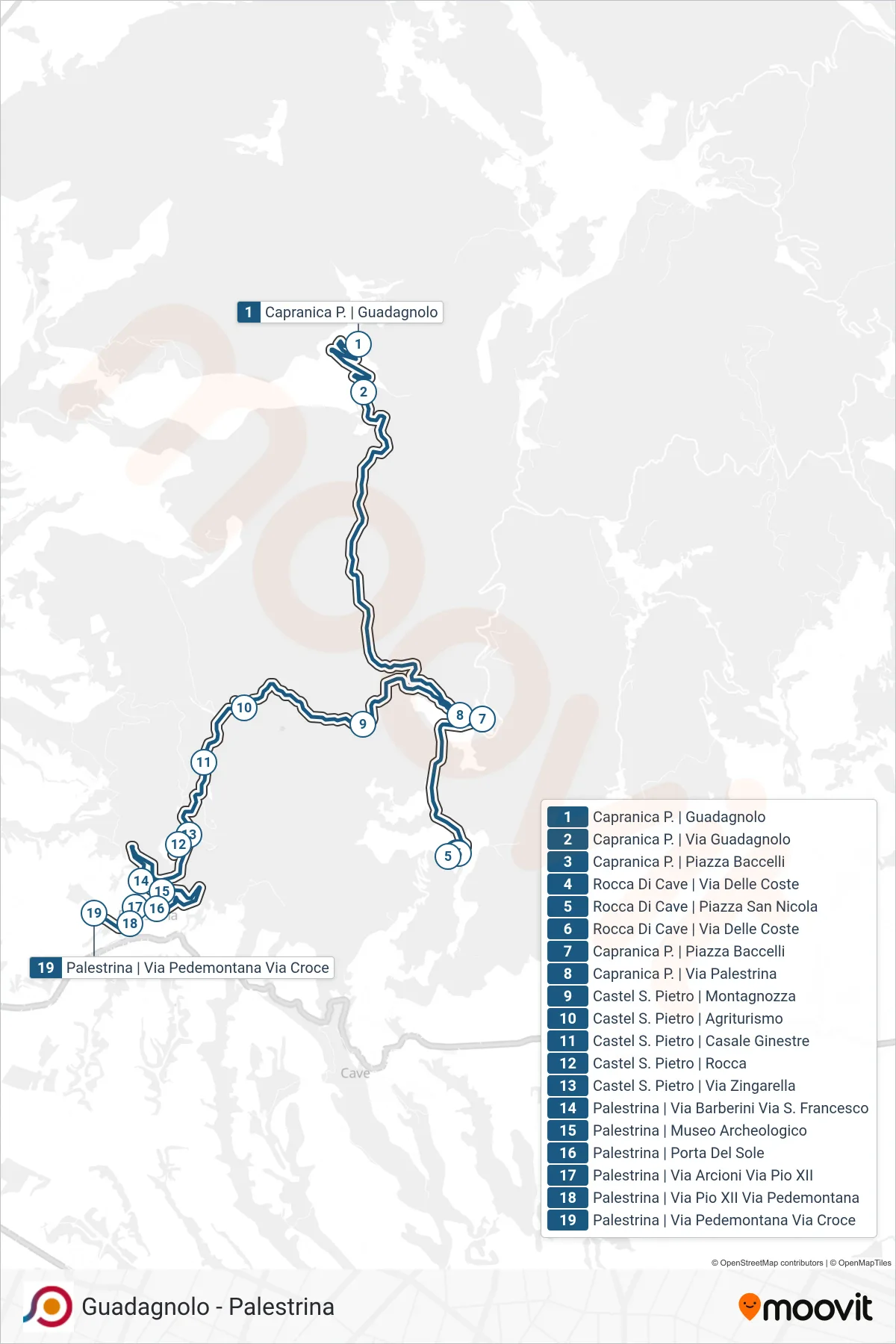 Linea COTRAL bus (Capranica P. | Guadagnolo→Palestrina | Ist. Luzzatti-Livatino) - Percorsi e fermate sulla mappa