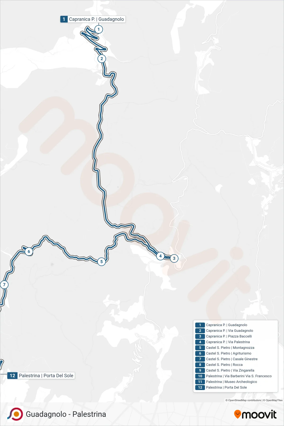 Linea COTRAL bus (Capranica P. | Guadagnolo→Palestrina | Porta Del Sole) - Percorsi e fermate sulla mappa