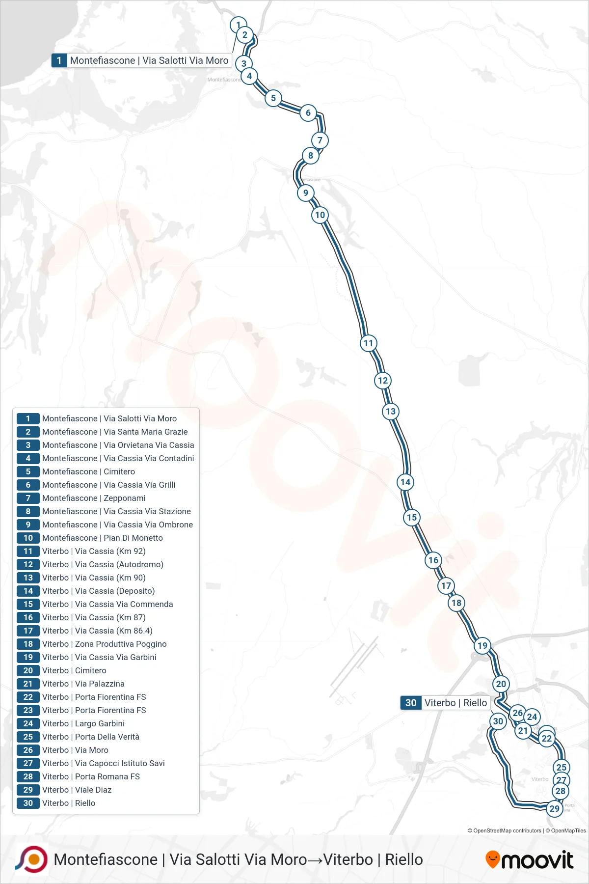 Linea COTRAL bus (Montefiascone | Via Salotti Via Moro→Viterbo | Riello) - Percorsi e fermate sulla mappa