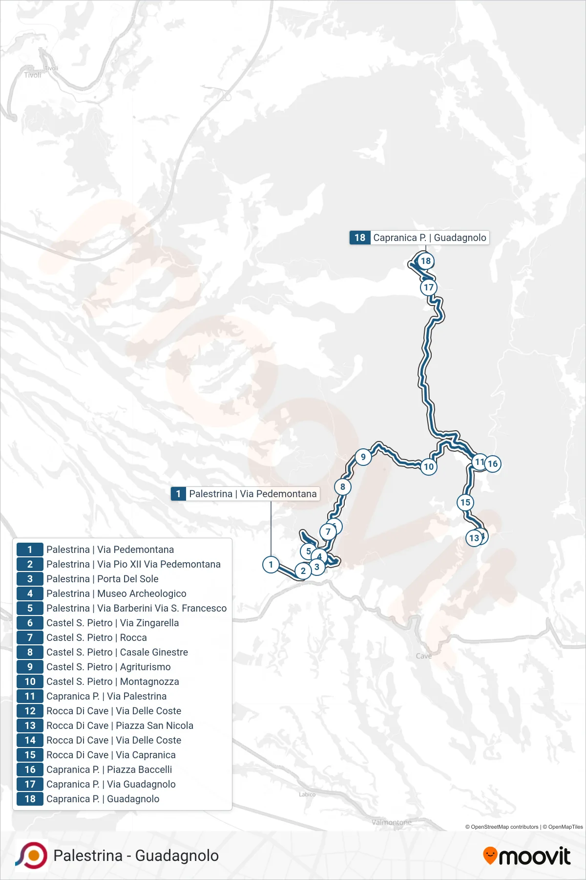 Linea COTRAL bus (Palestrina | Via Pedemontana→Capranica P. | Guadagnolo) - Percorsi e fermate sulla mappa
