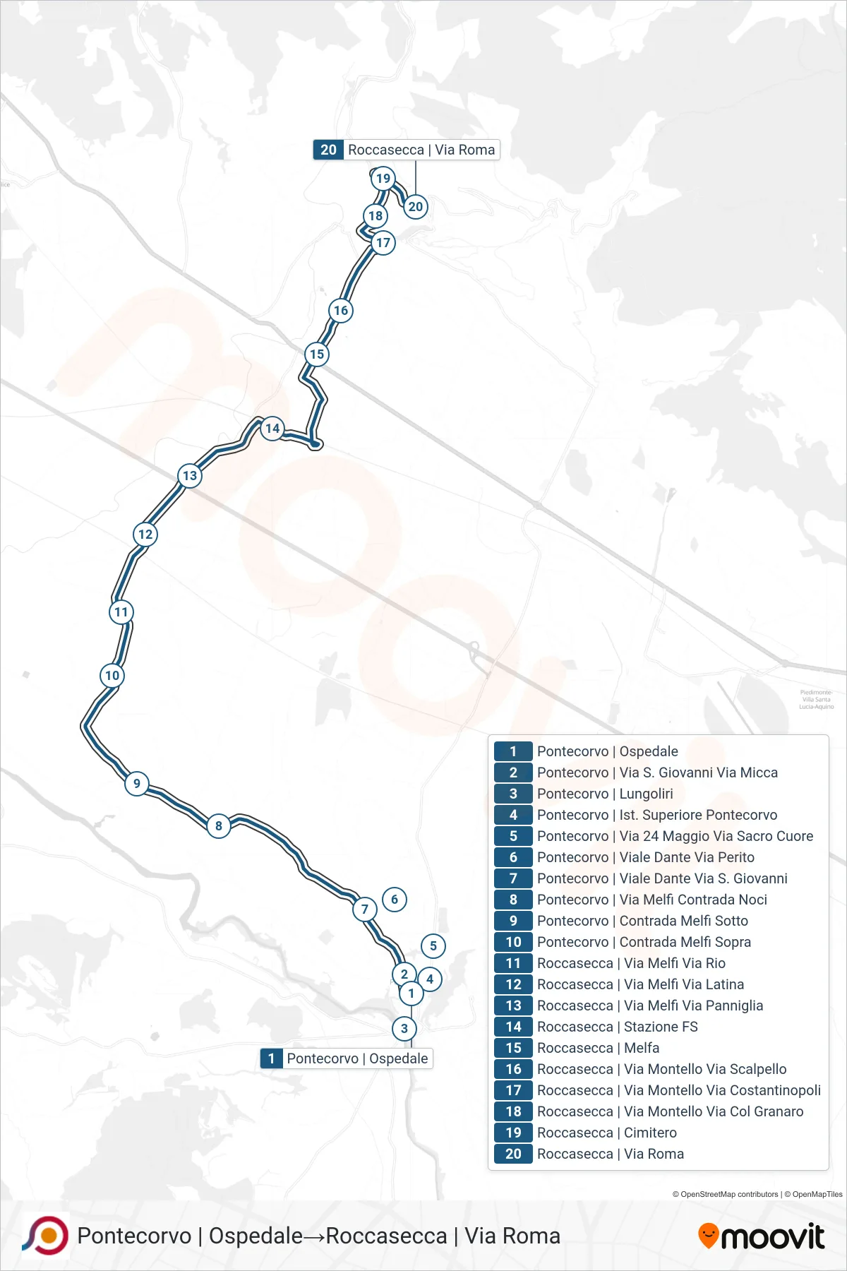 Linea COTRAL bus (Pontecorvo | Ospedale→Roccasecca | Via Roma) - Percorsi e fermate sulla mappa