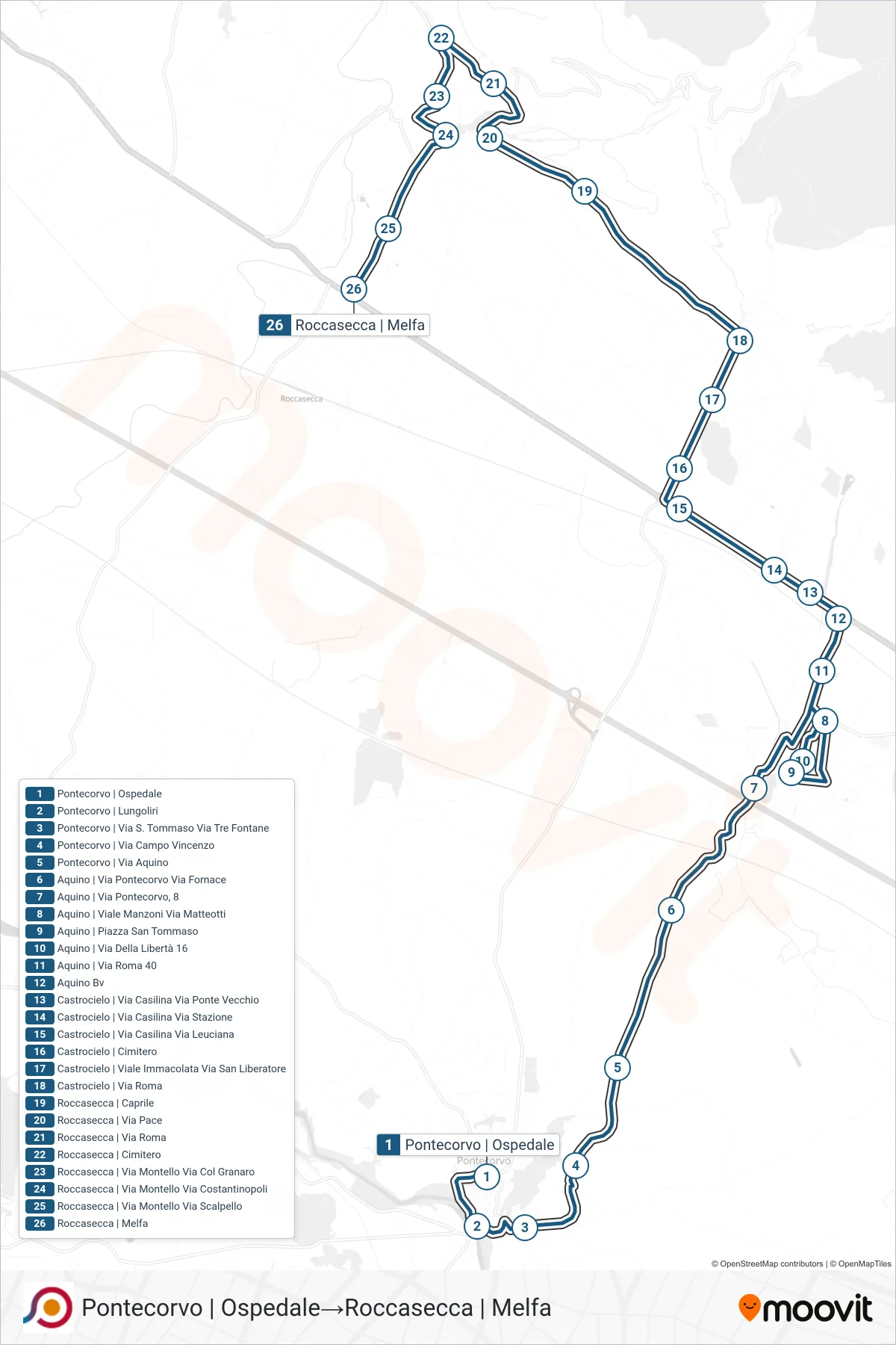 Linea COTRAL bus (Pontecorvo | Ospedale→Roccasecca | Melfa) - Percorsi e fermate sulla mappa