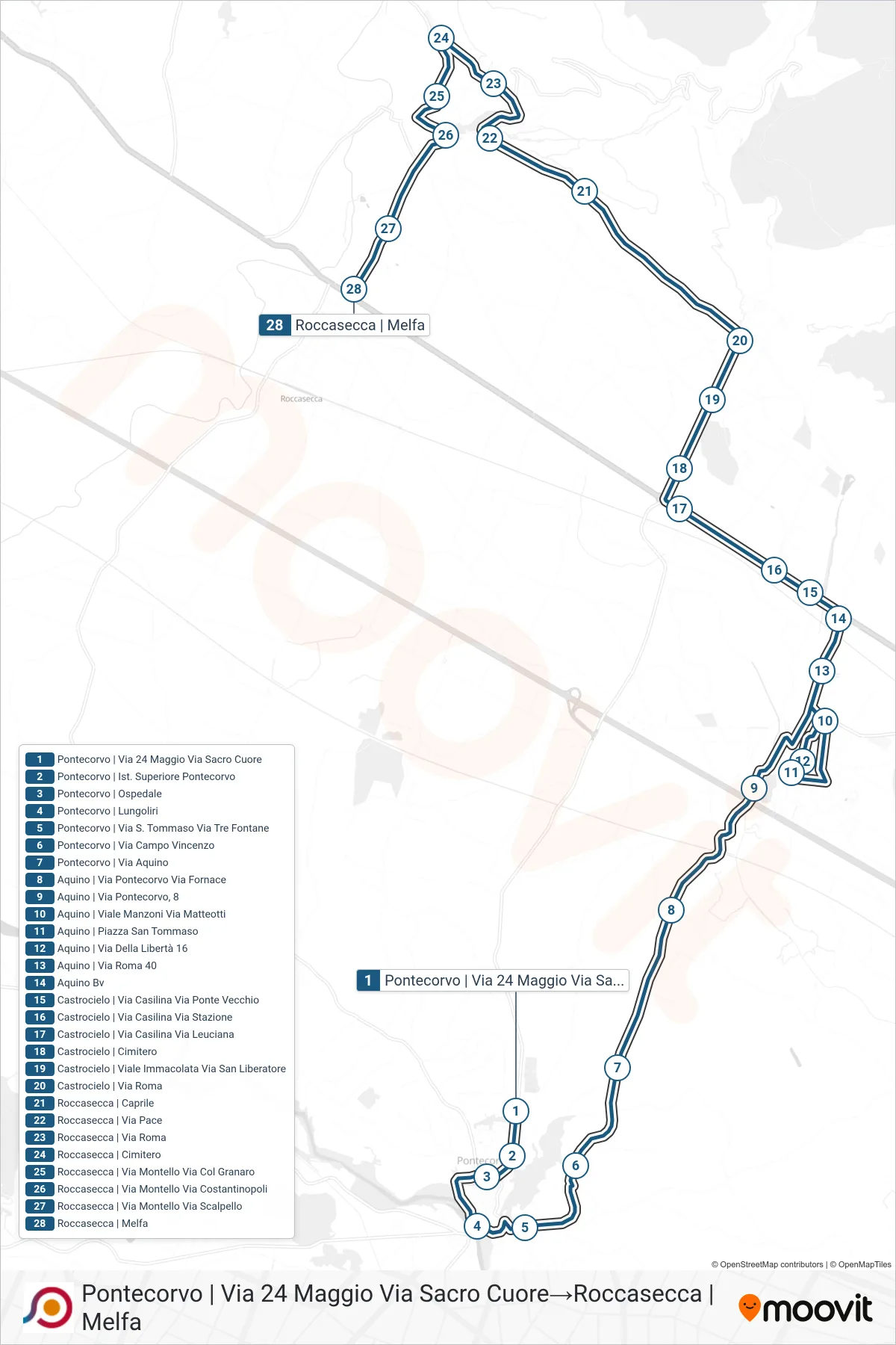 Linea COTRAL bus (Pontecorvo | Via 24 Maggio Via Sacro Cuore→Roccasecca | Melfa) - Percorsi e fermate sulla mappa