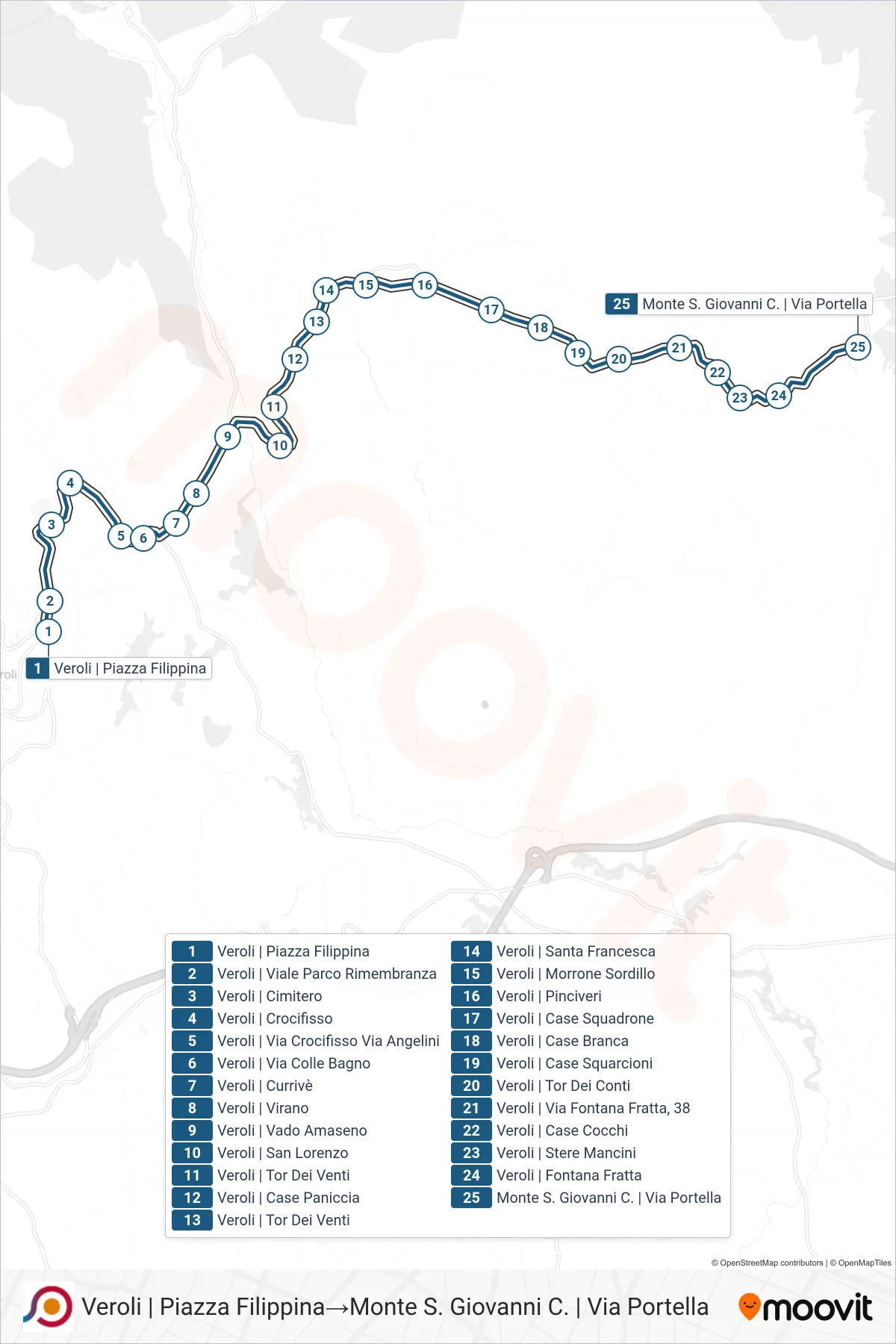 Linea COTRAL bus (Veroli | Piazza Filippina→Monte S. Giovanni C. | Via Portella) - Percorsi e fermate sulla mappa