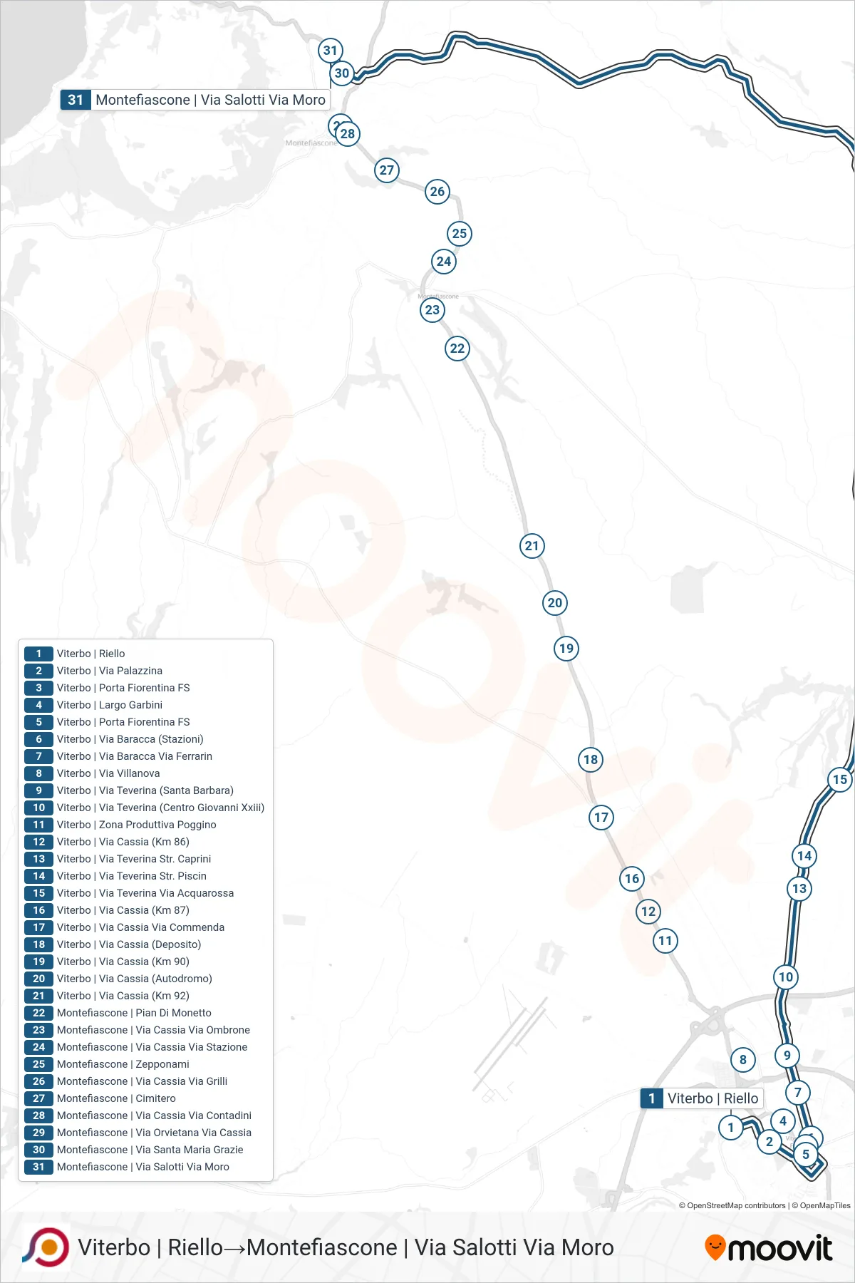 Linea COTRAL bus (Viterbo | Riello→Montefiascone | Via Salotti Via Moro) - Percorsi e fermate sulla mappa