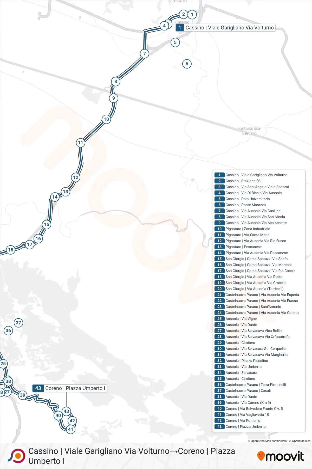 Linea COTRAL bus (Cassino | Viale Garigliano Via Volturno→Coreno | Piazza Umberto I) - Percorsi e fermate sulla mappa