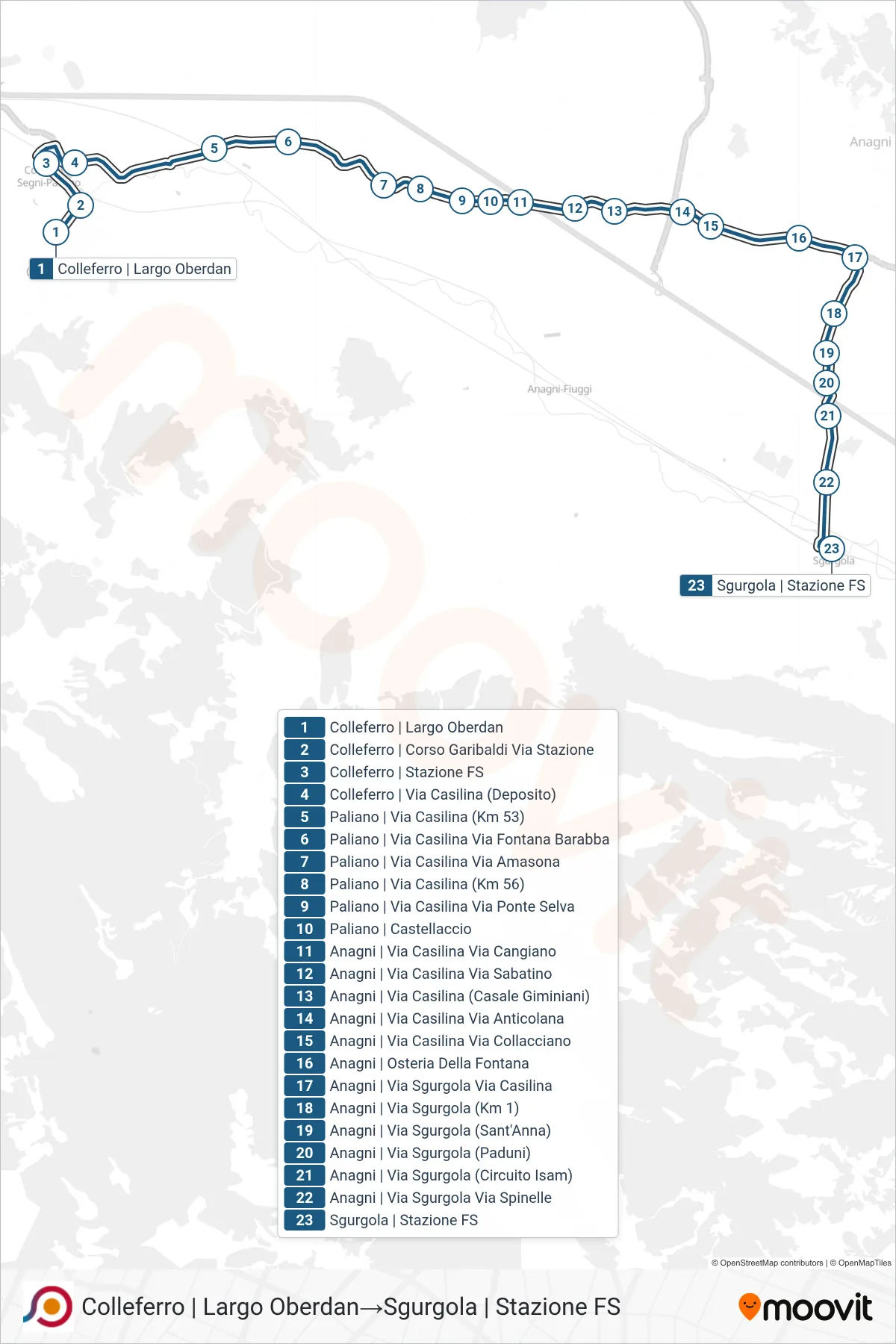 Linea COTRAL bus (Colleferro | Largo Oberdan→Sgurgola | Stazione FS) - Percorsi e fermate sulla mappa