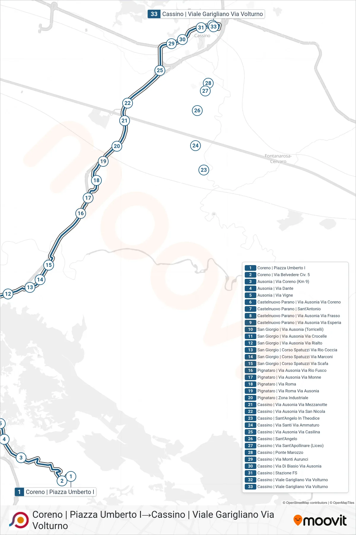 Linea COTRAL bus (Coreno | Piazza Umberto I→Cassino | Viale Garigliano Via Volturno) - Percorsi e fermate sulla mappa