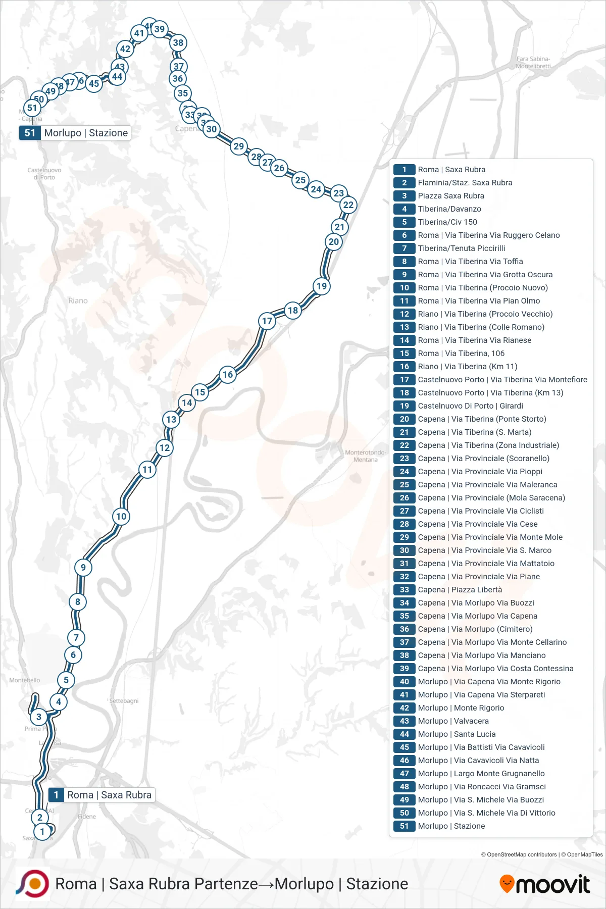 Linea COTRAL bus (Roma | Saxa Rubra Partenze→Morlupo | Stazione) - Percorsi e fermate sulla mappa