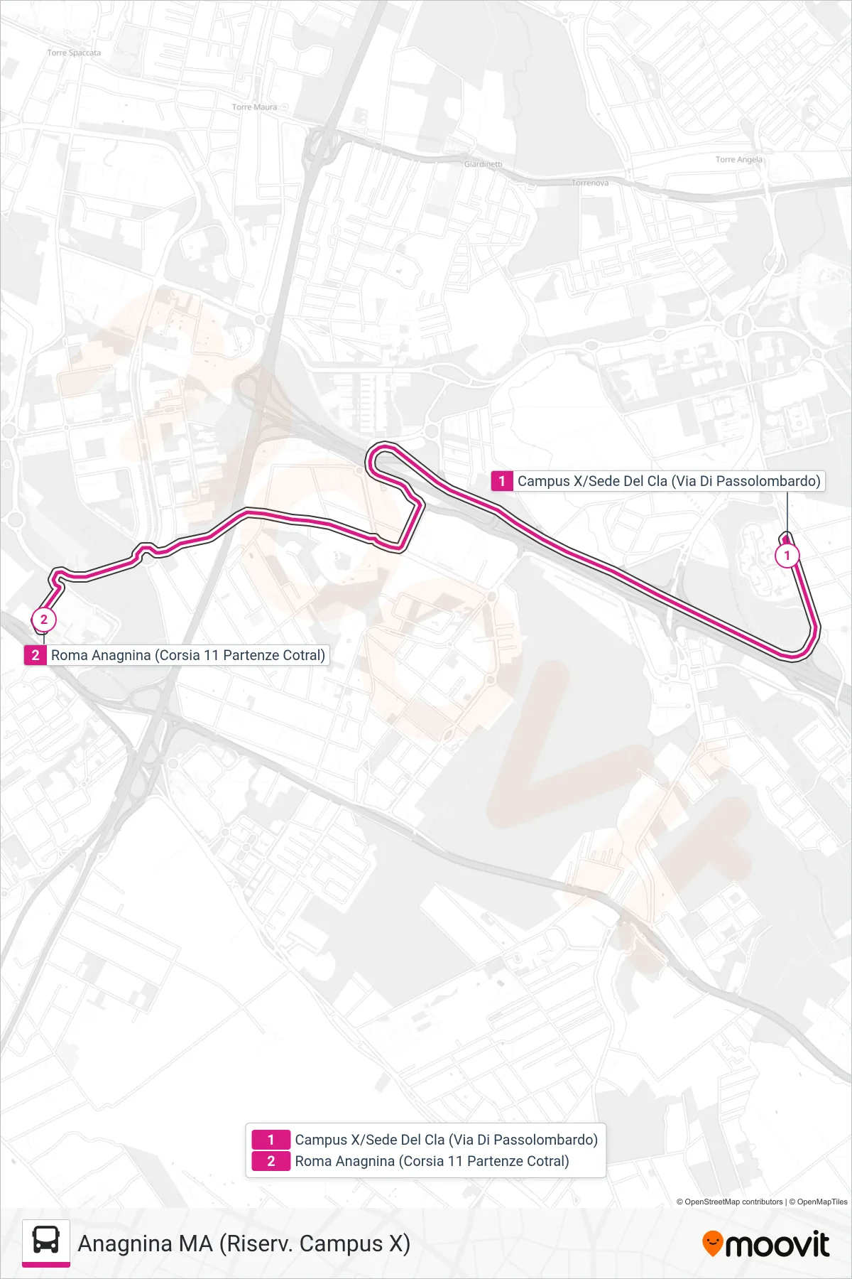 CXSHUTTLE bus Line (Anagnina Metro (Campus X Reserve)) route and stops on a map