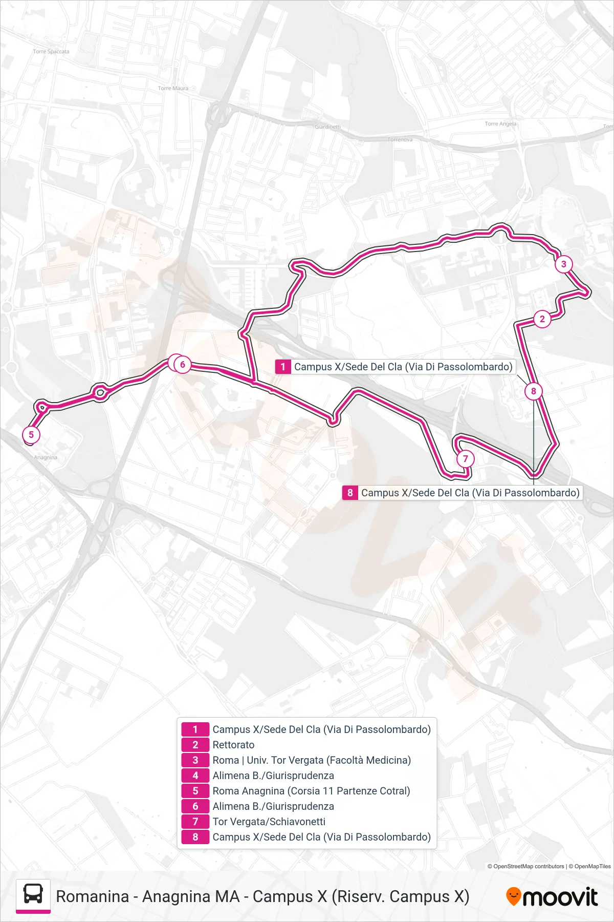 Linea CXSHUTTLE bus (Romanina - Anagnina MA - Campus X (Riserv. Campus X)) - Percorsi e fermate sulla mappa