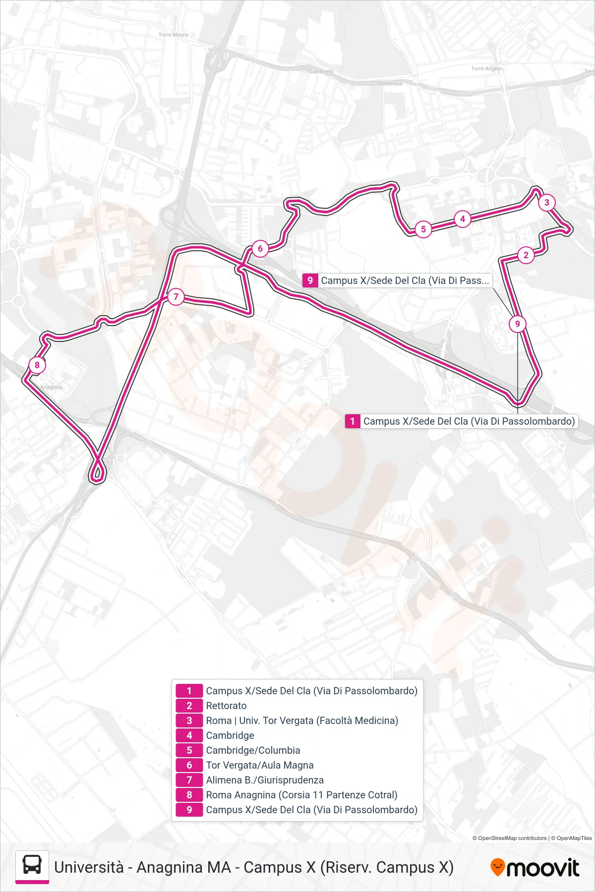 CXSHUTTLE bus Line (University - Anagnina MA - Campus X (Reserved Campus X)) route and stops on a map