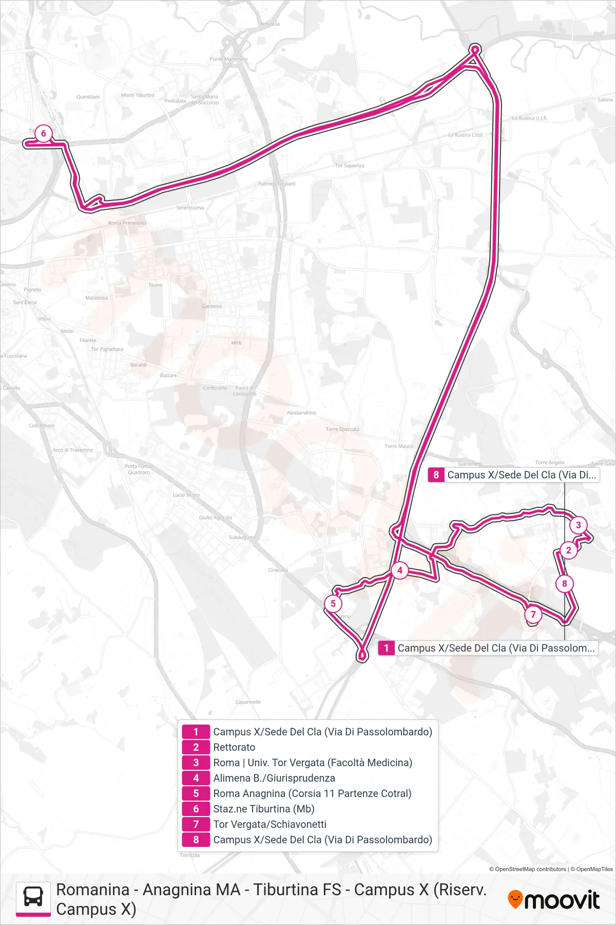 Linea CXSHUTTLE  bus (Romanina - Anagnina MA - Tiburtina FS - Campus X (Riserv. Campus X)) - Percorsi e fermate sulla mappa
