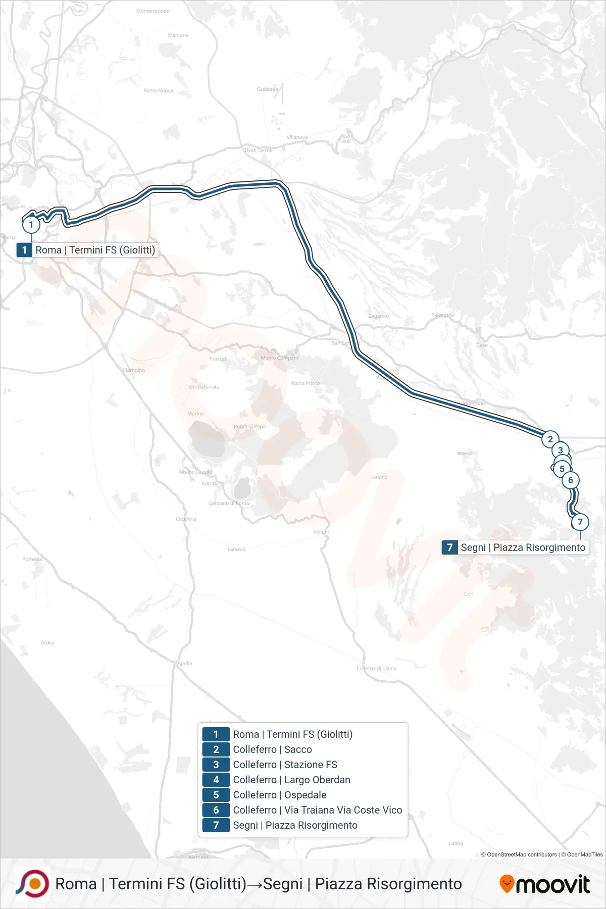 Linea COTRAL bus (Roma | Termini FS (Giolitti)→Segni | Piazza Risorgimento) - Percorsi e fermate sulla mappa