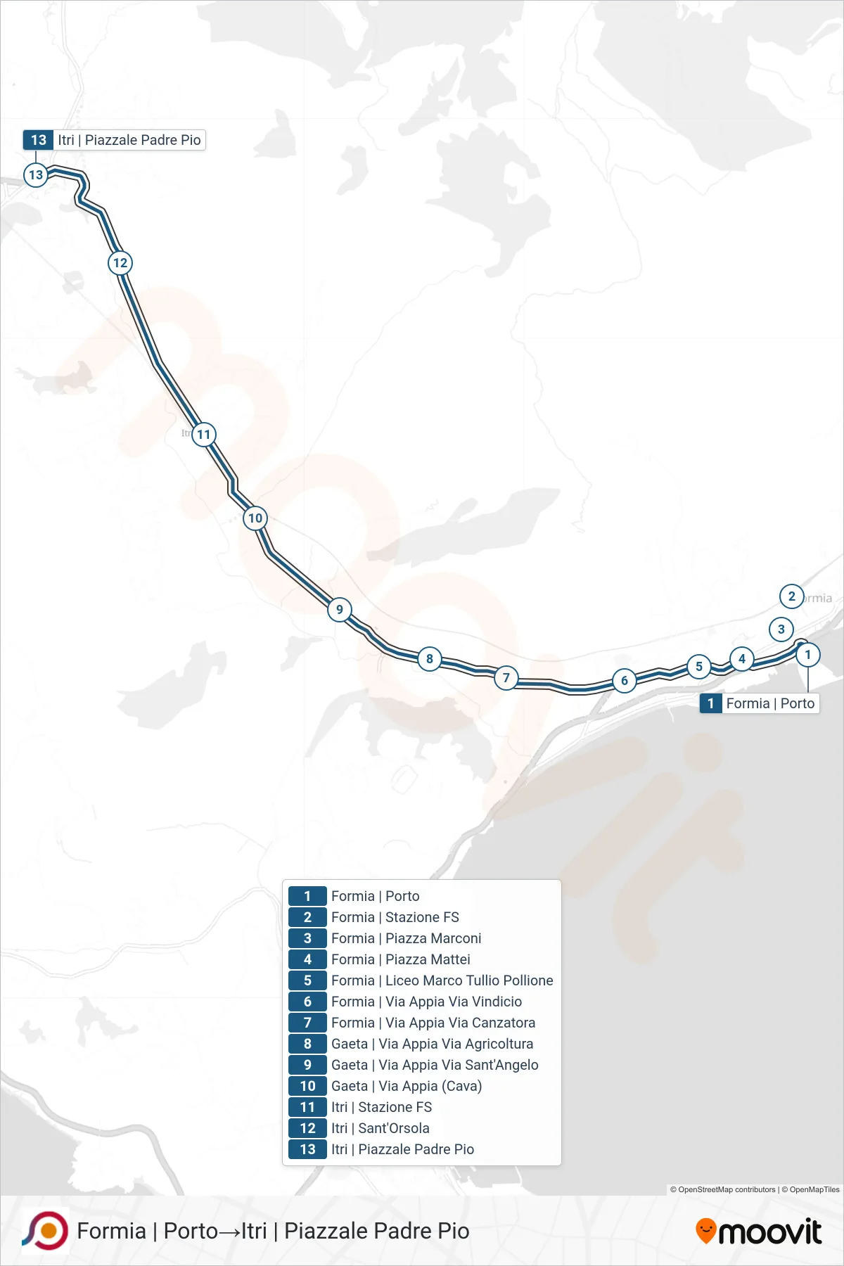 Linea COTRAL bus (Formia | Porto→Itri | Piazzale Padre Pio) - Percorsi e fermate sulla mappa