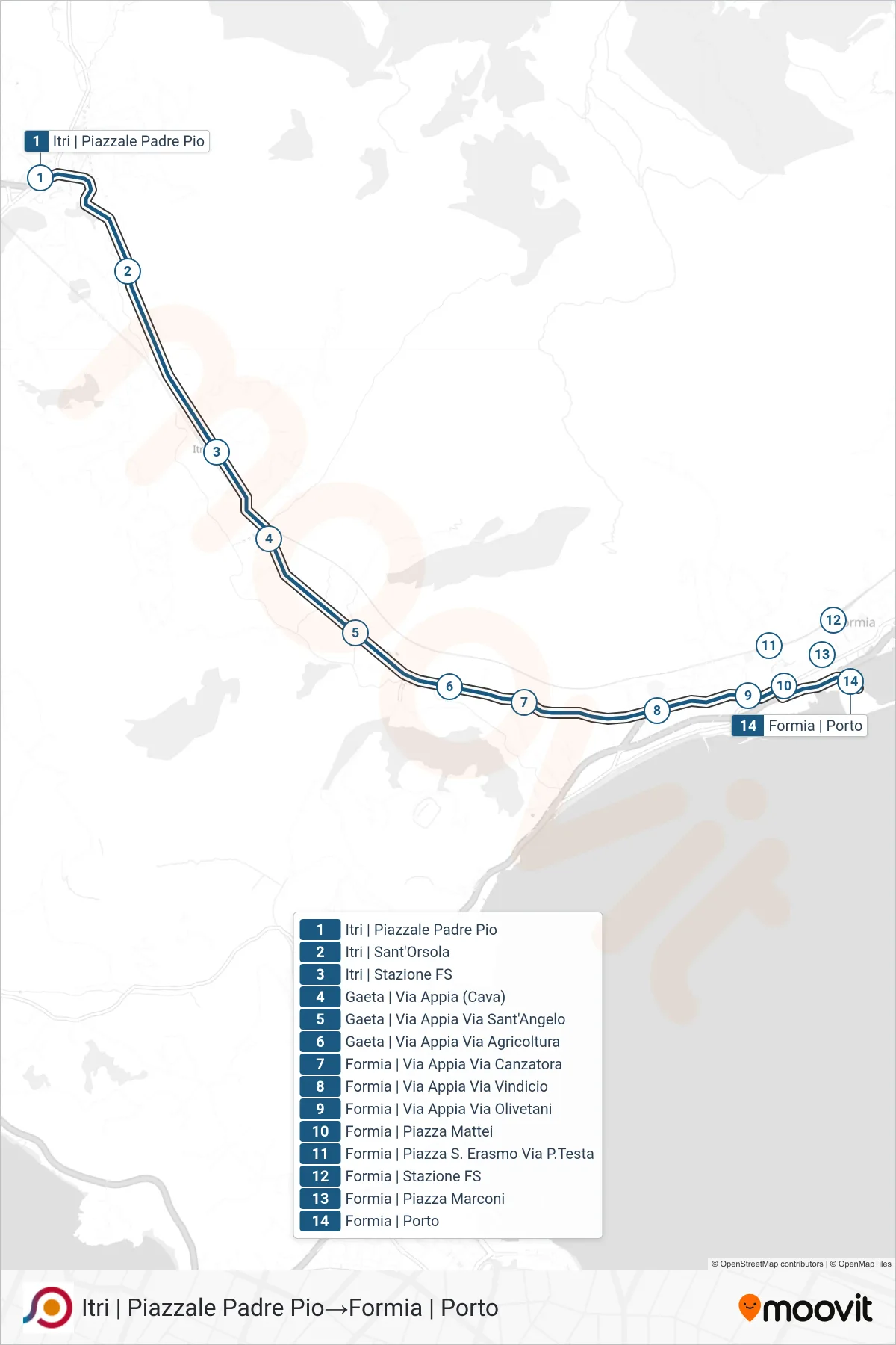 Linea COTRAL bus (Itri | Piazzale Padre Pio→Formia | Porto) - Percorsi e fermate sulla mappa
