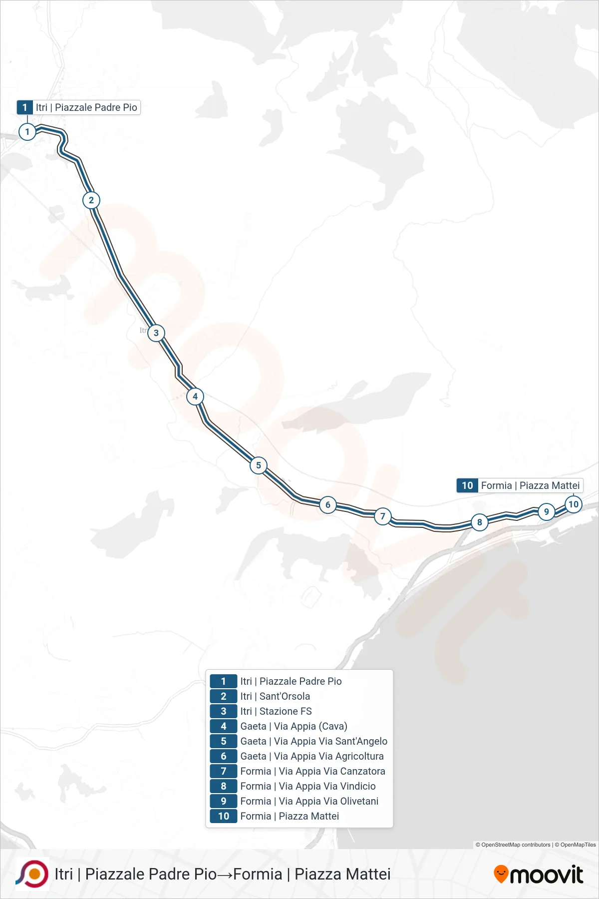 Linea COTRAL bus (Itri | Piazzale Padre Pio→Formia | Piazza Mattei) - Percorsi e fermate sulla mappa