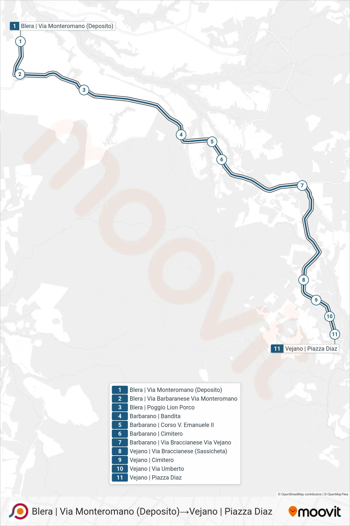 Linea COTRAL bus (Blera | Via Monteromano (Deposito)→Vejano | Piazza Diaz) - Percorsi e fermate sulla mappa