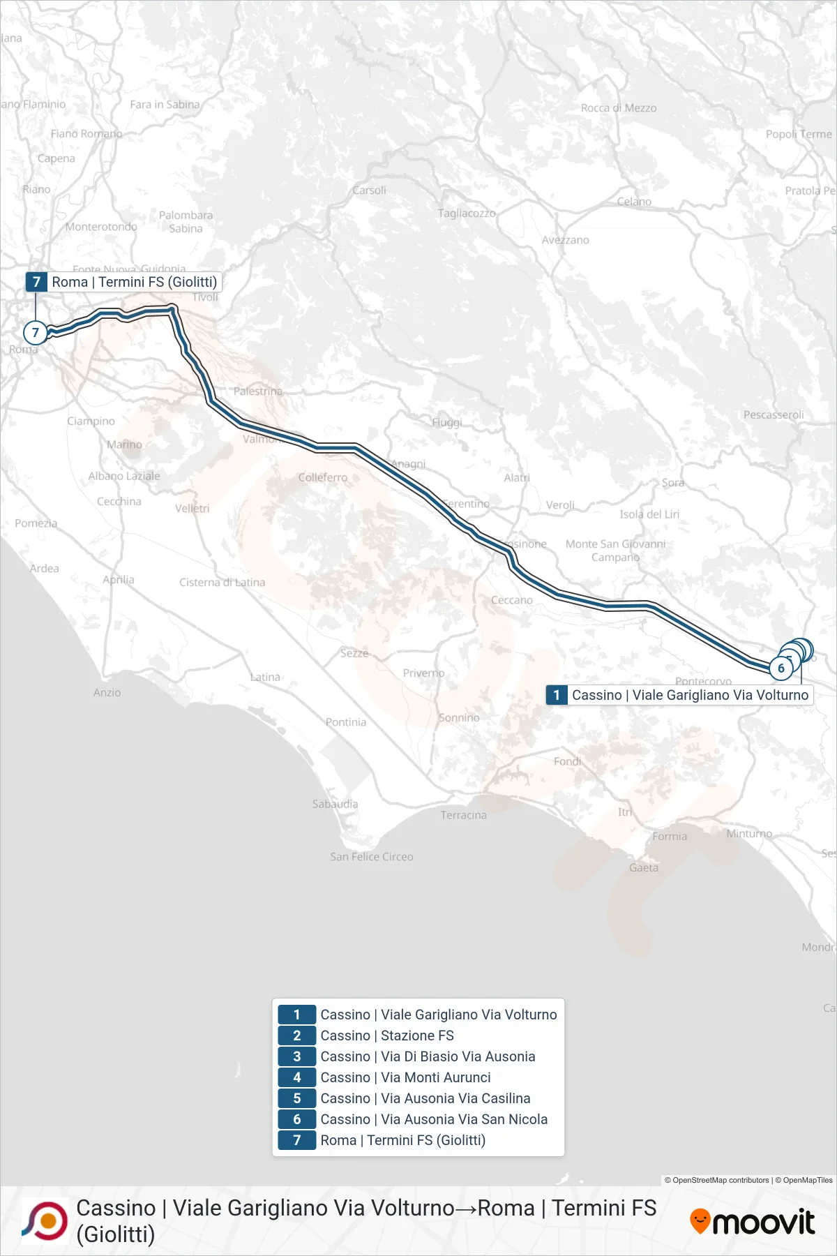 Linea COTRAL bus (Cassino | Viale Garigliano Via Volturno→Roma | Termini FS (Giolitti)) - Percorsi e fermate sulla mappa